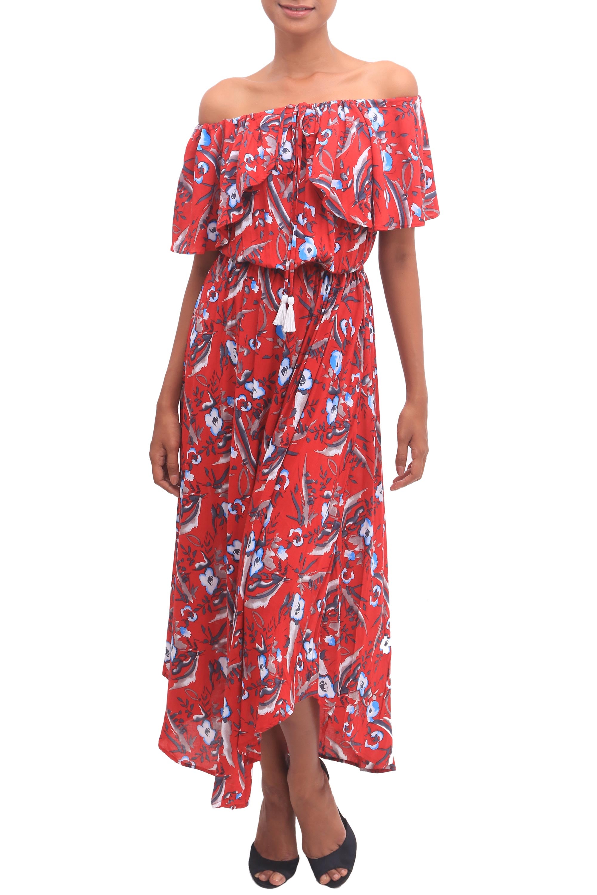 Premium Bloom Cascade Floral Midi Dress in Red Rayon - White & Light Blue Print