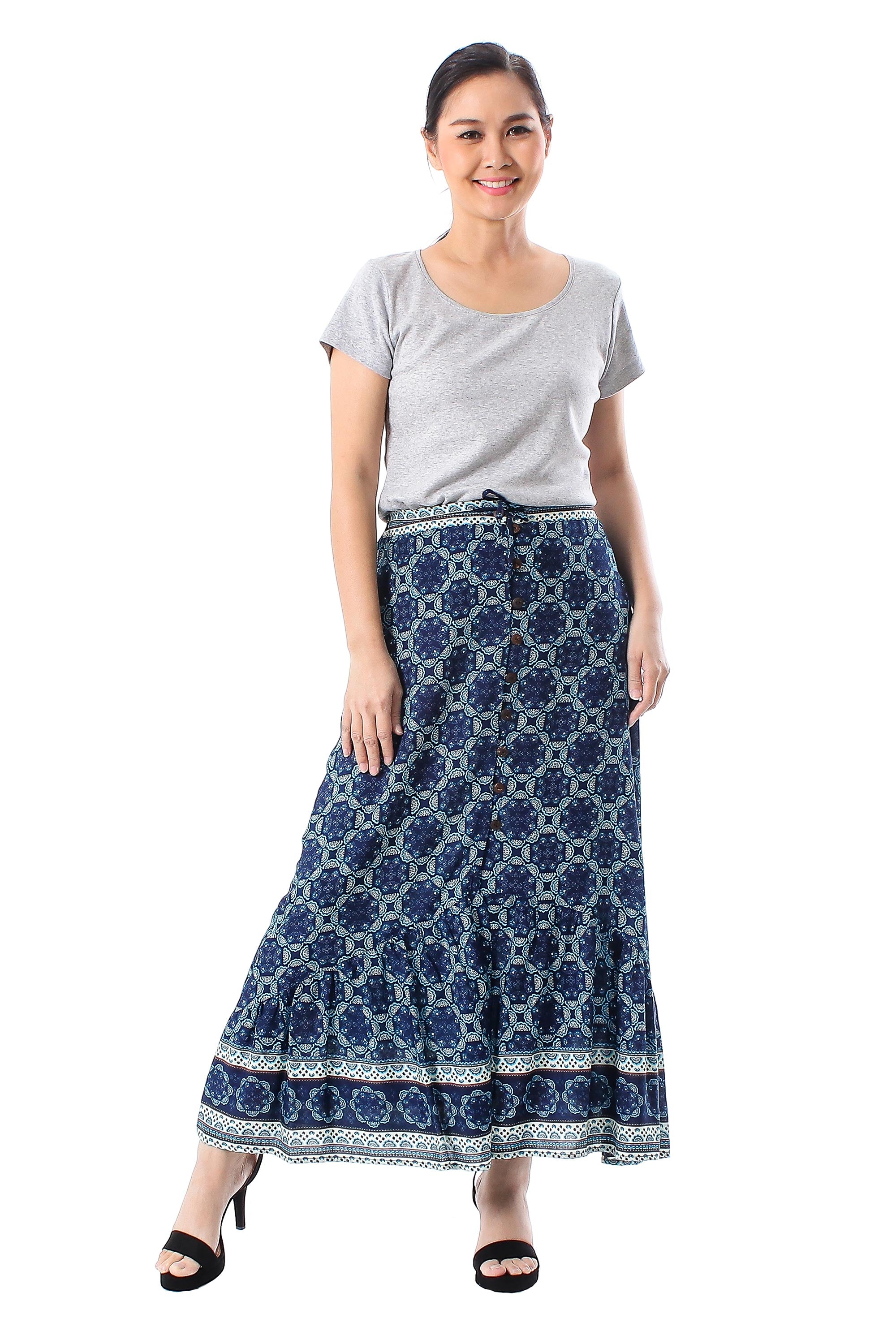 Premium Blue Rayon Maxi Skirt with Floral Motif - Elegant Evening Wear from Thailand