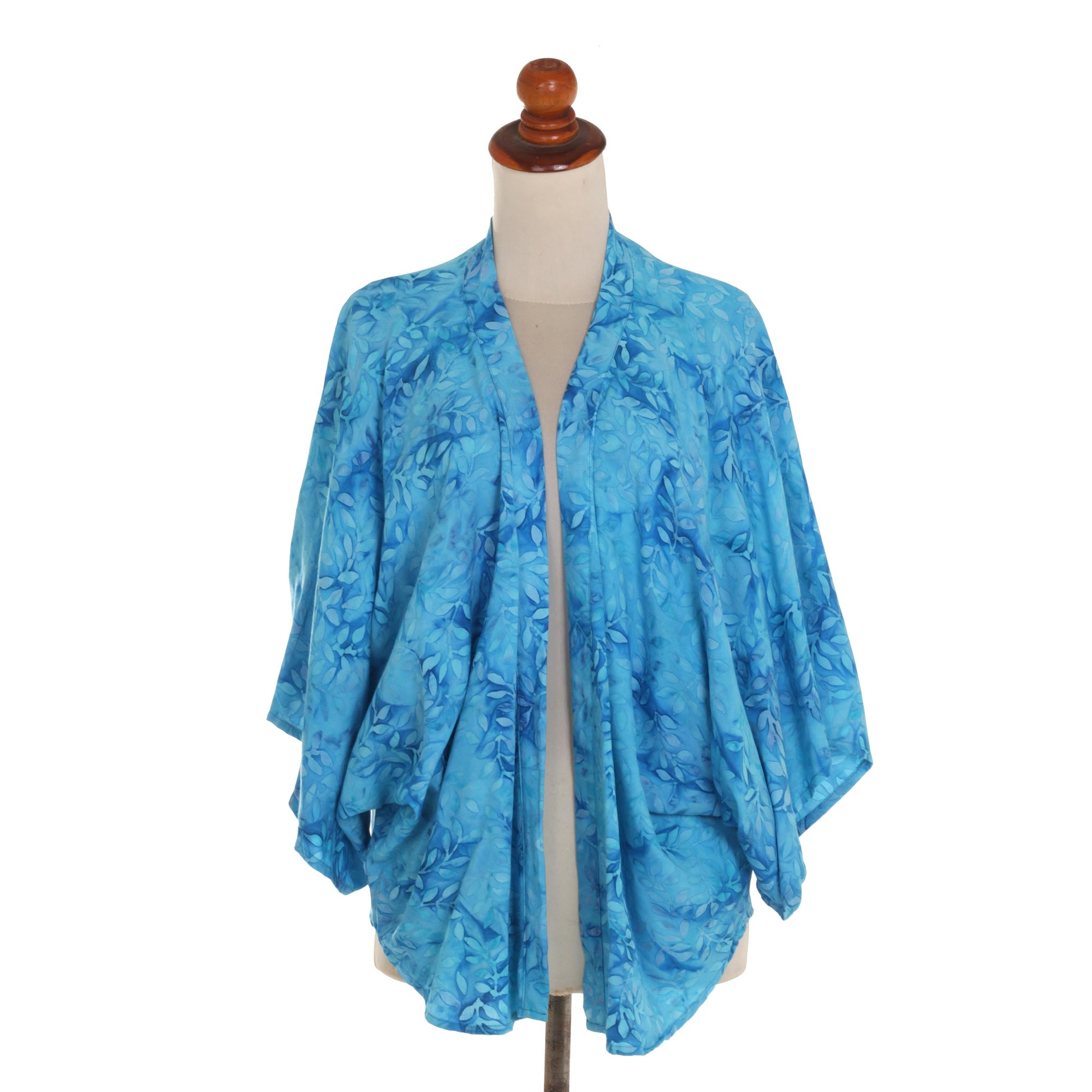 Premium Cyan Open Kimono Jacket - Light Blue Batik Design