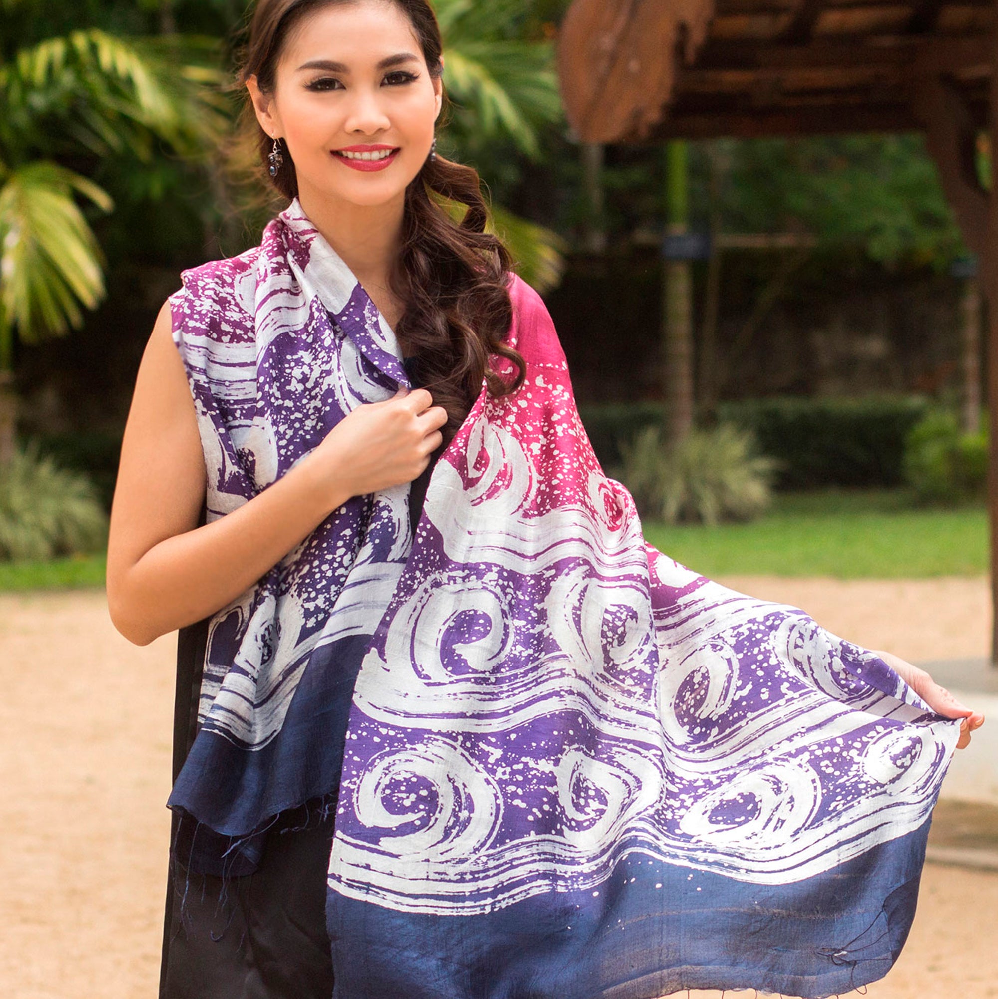 Premium Ocean Hyacinth Hand-Painted Silk Batik Shawl - Ultimate Luxury