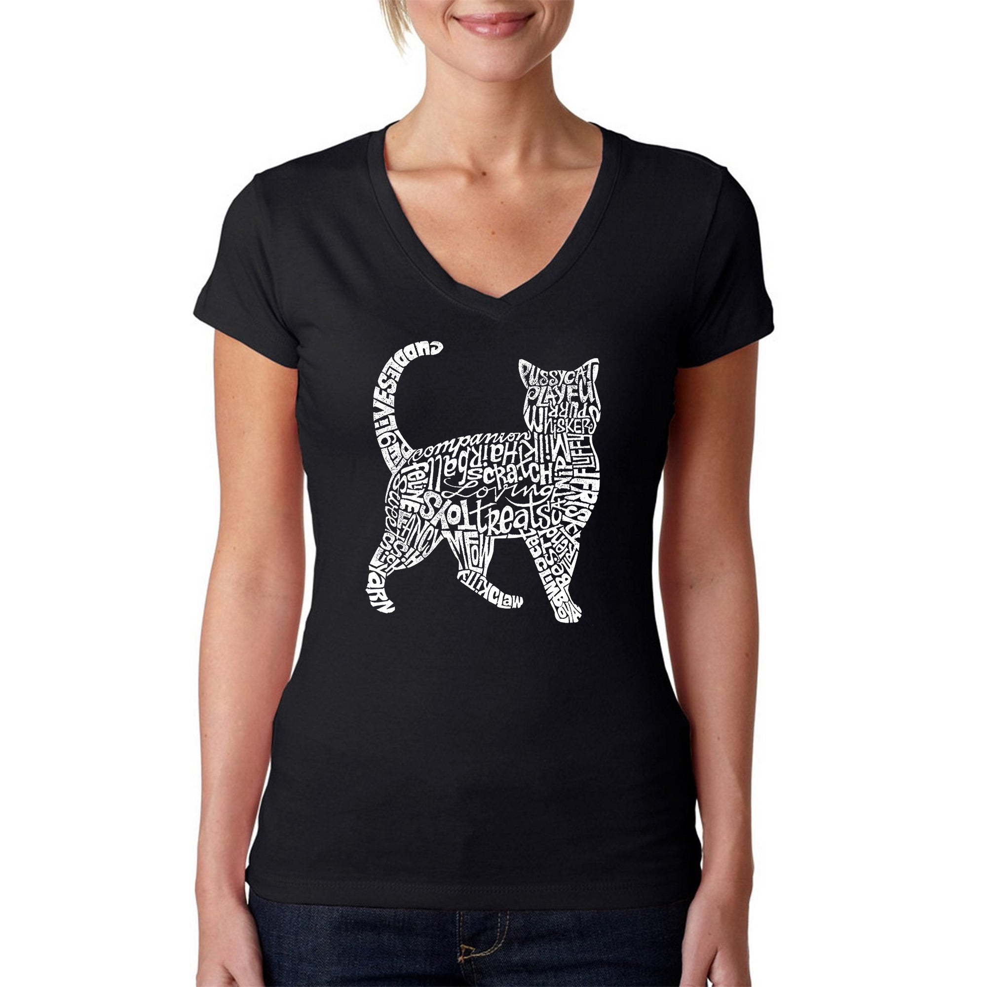 Premium Cat Lover's Word Art V-Neck T-Shirt for Women