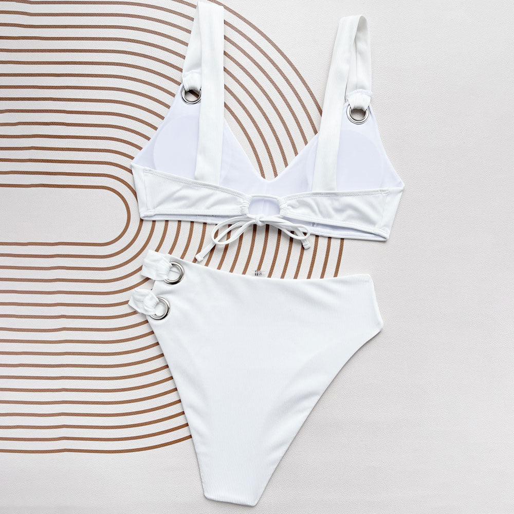 Premium Ribbed Cutout High-Waist V-Neck Bikini Set