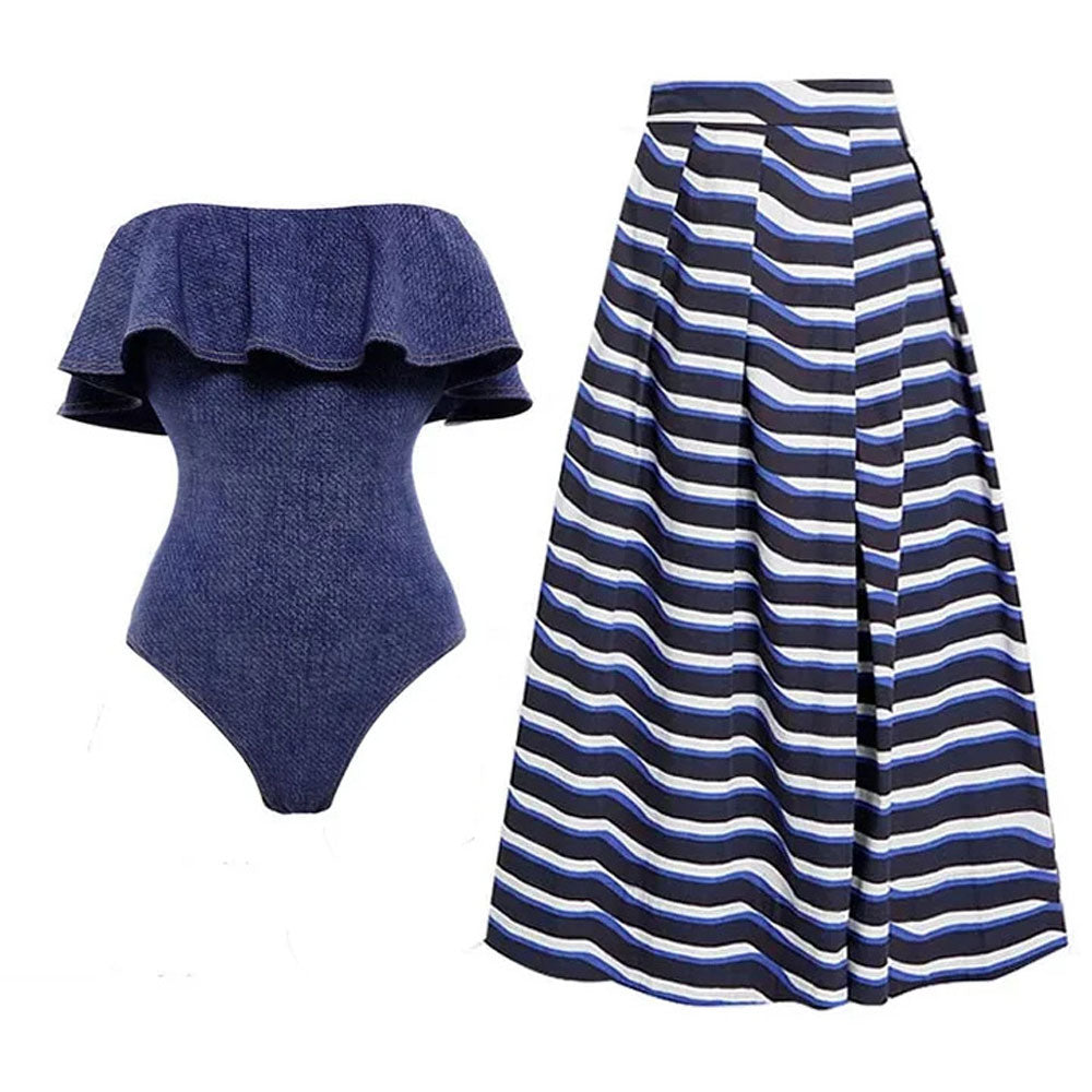 Premium Vintage Denim Print Swimsuit with Striped Skirt - Ultimate Beach Style