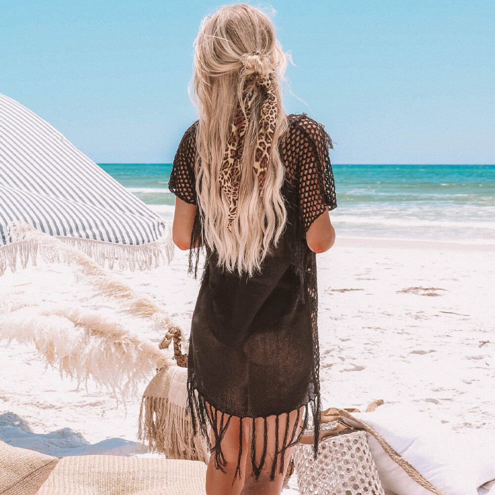 Ultimate Fringe Trim Crochet Lace-Up Beach Cover-Up