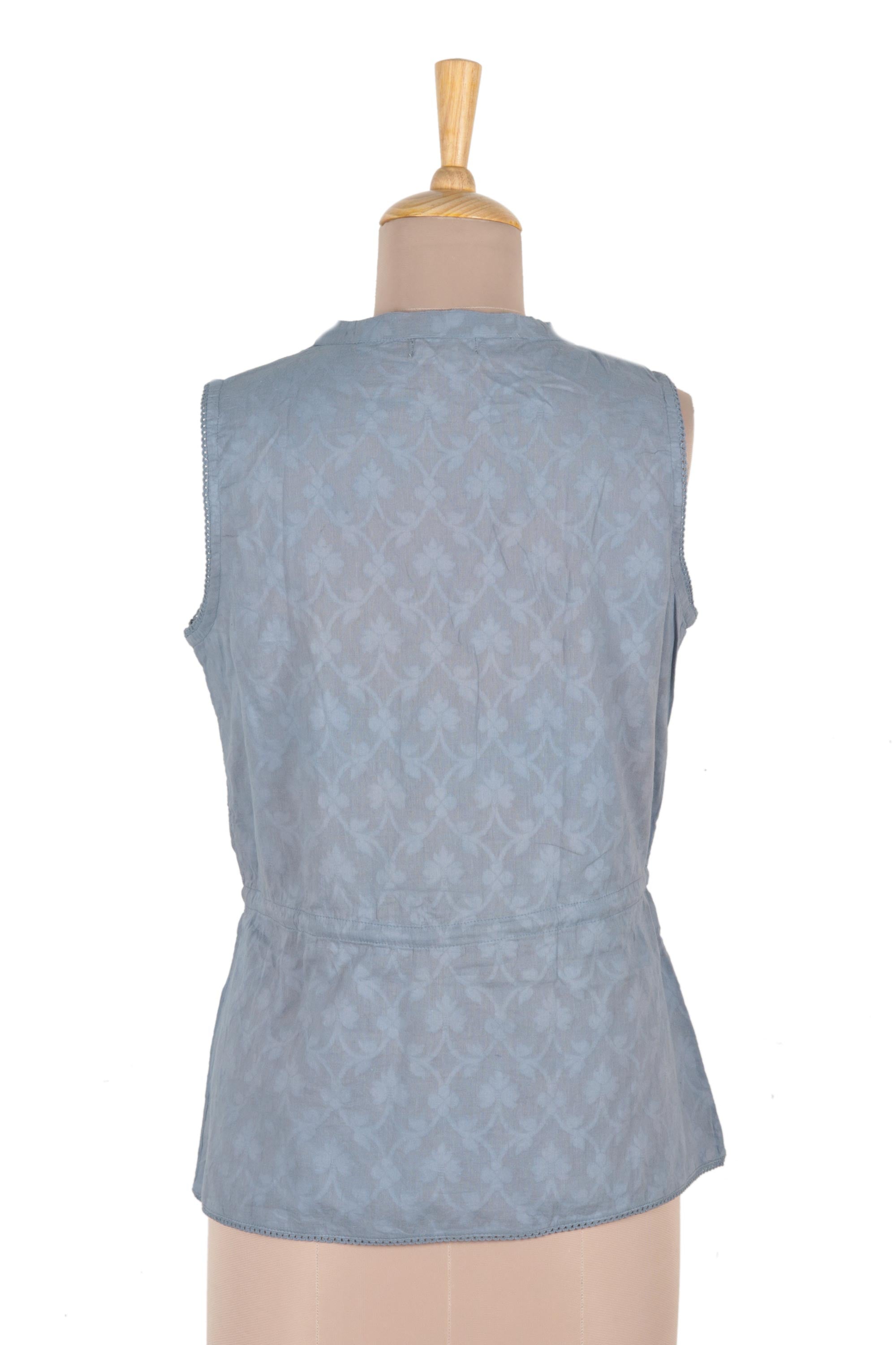 Premium Blue Cotton Sleeveless Blouse with Embroidered Floral Details