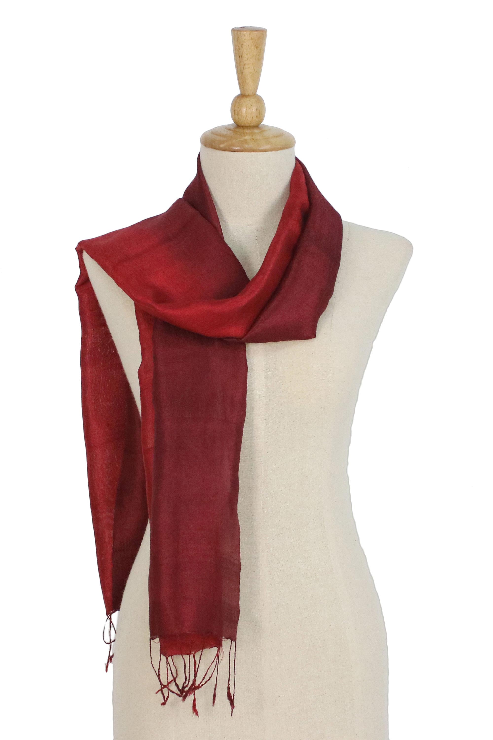 Premium Ruby Red Handwoven Silk Scarf with Elegant Fringe