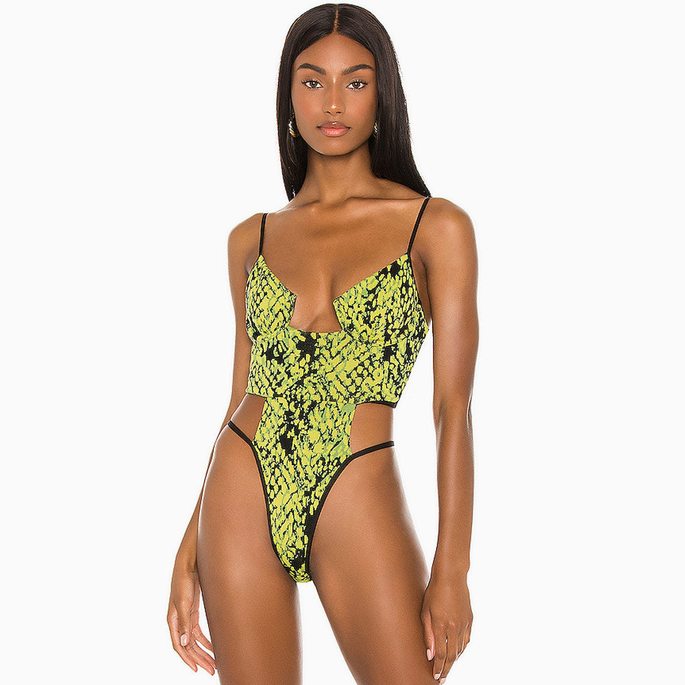 Premium Neon Snake Print Underwire One-Piece Swimsuit with Cutout Design