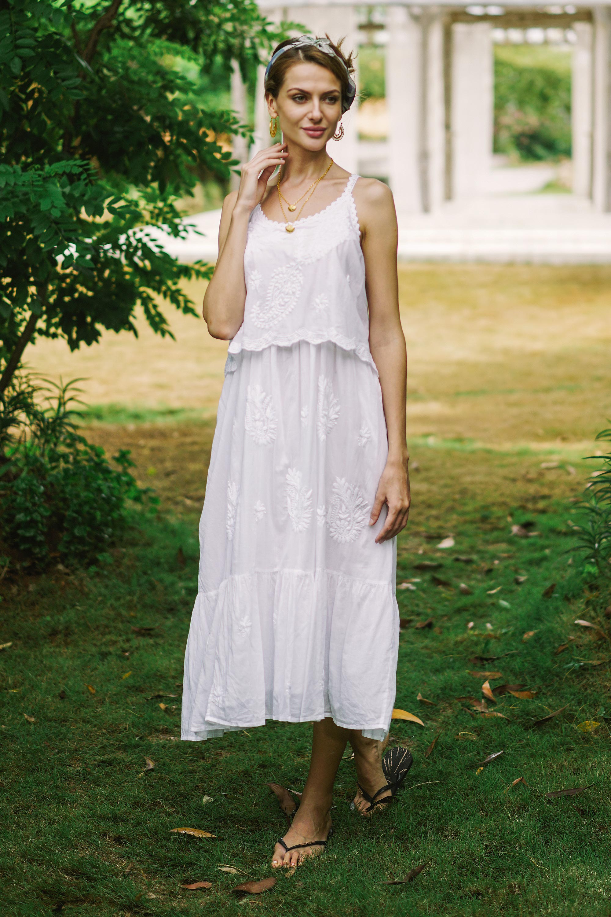 Premium White Chikankari Embroidered Cotton Sundress with Paisley Design