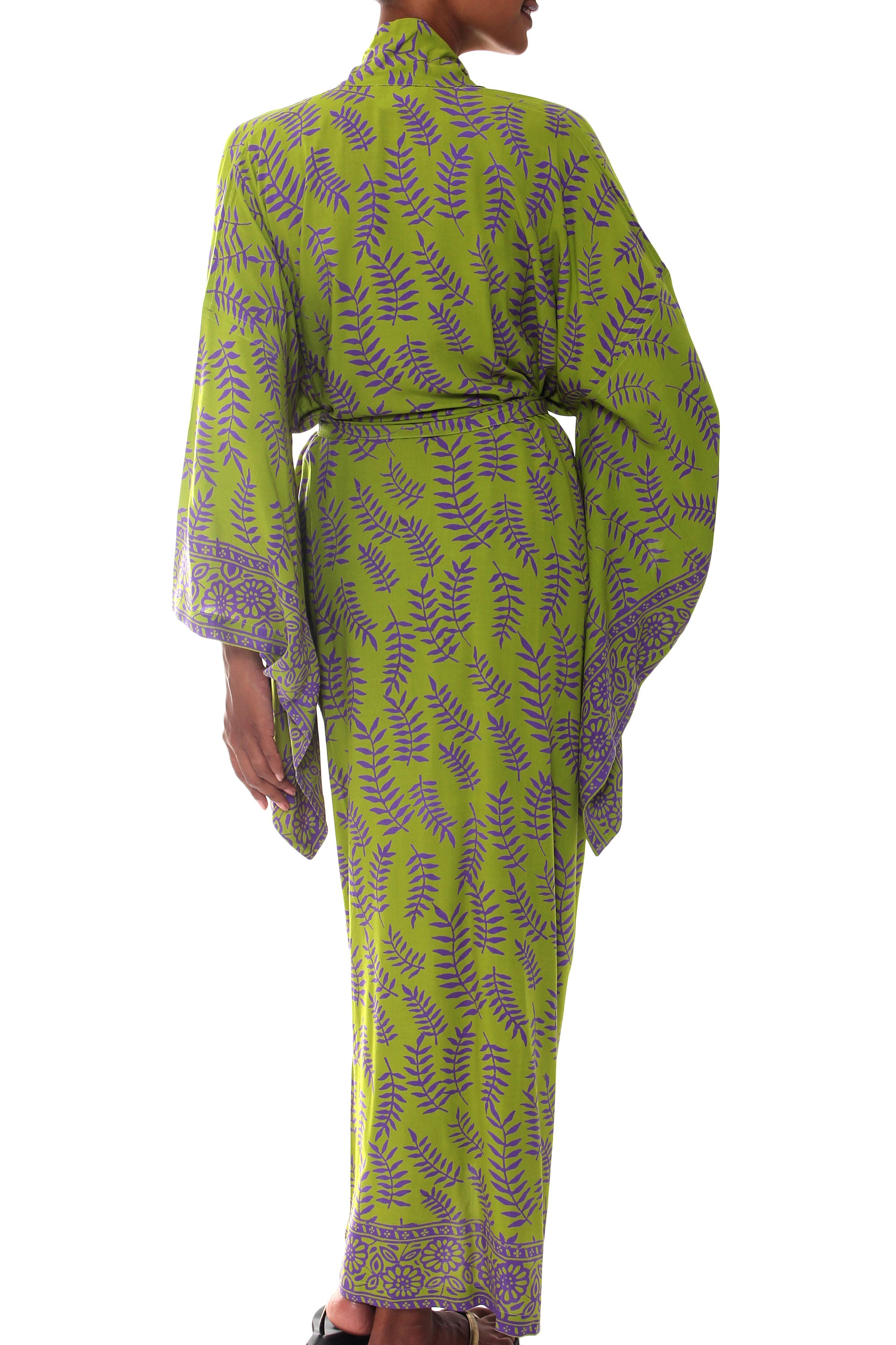 Premium Tropical Fern Forest Kimono Robe - Bali-Inspired Green & Purple Design