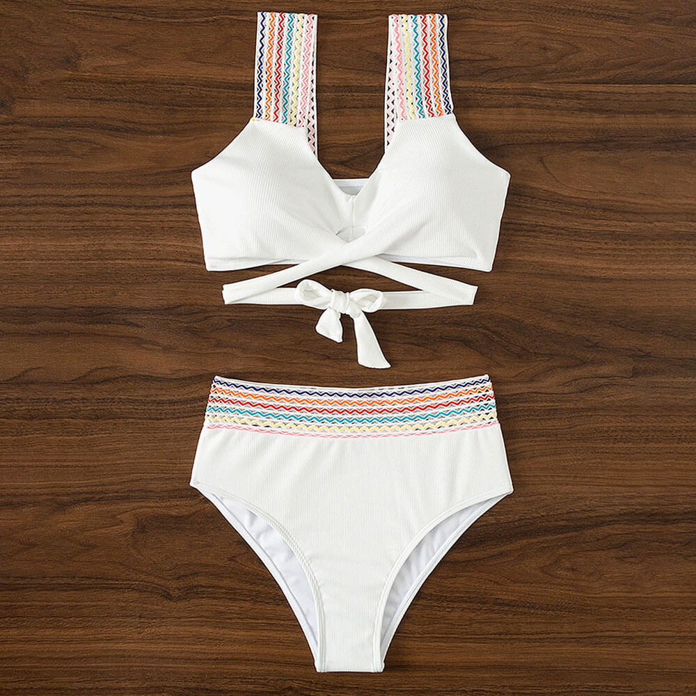 Premium Sporty Rainbow High-Waist Rib Knit Bikini Set