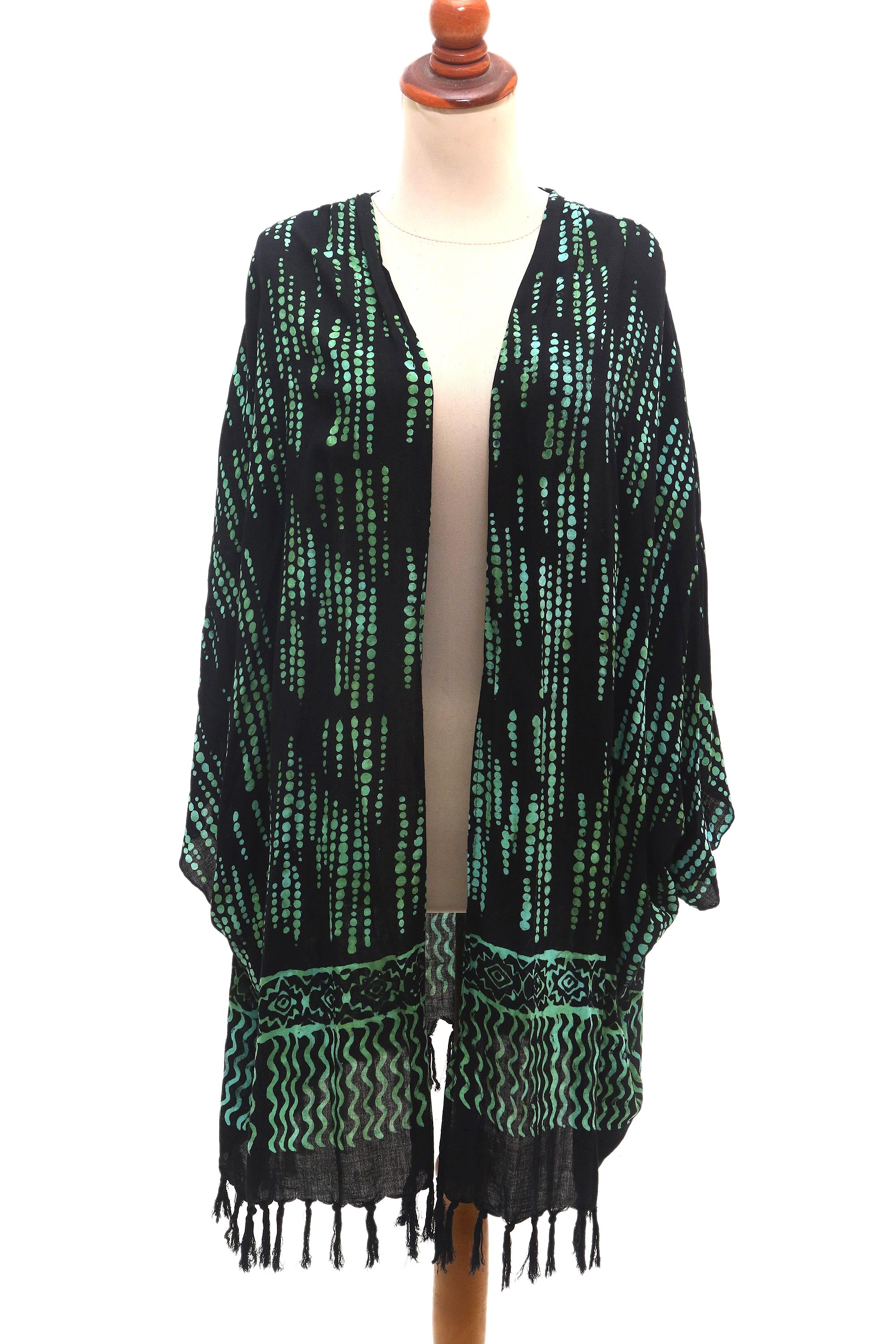 Premium Hand-Stamped Black & Mint Rayon Batik Kimono