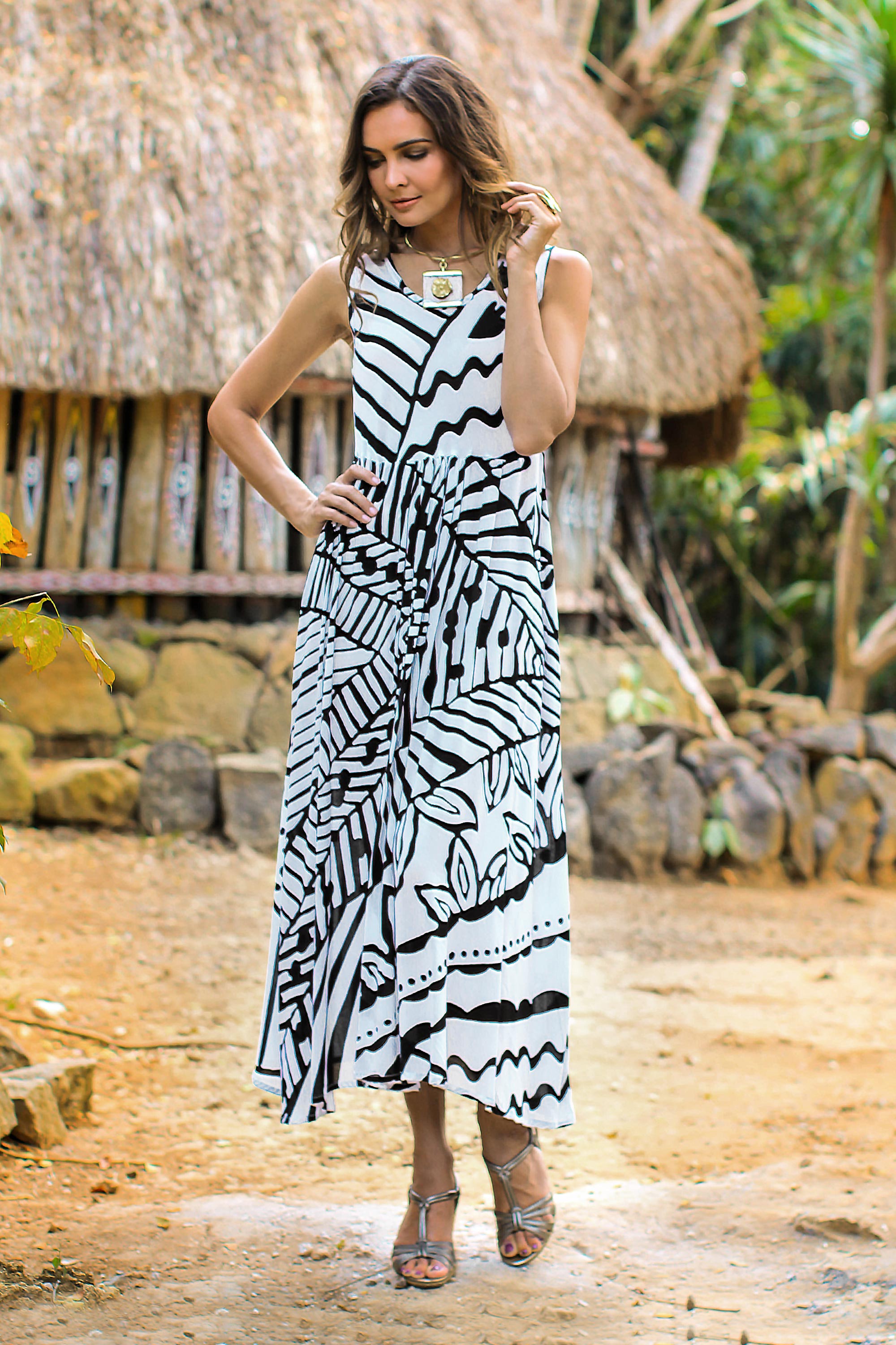 Premium Black & White Jungle Rayon A-Line Dress - Bali Collection