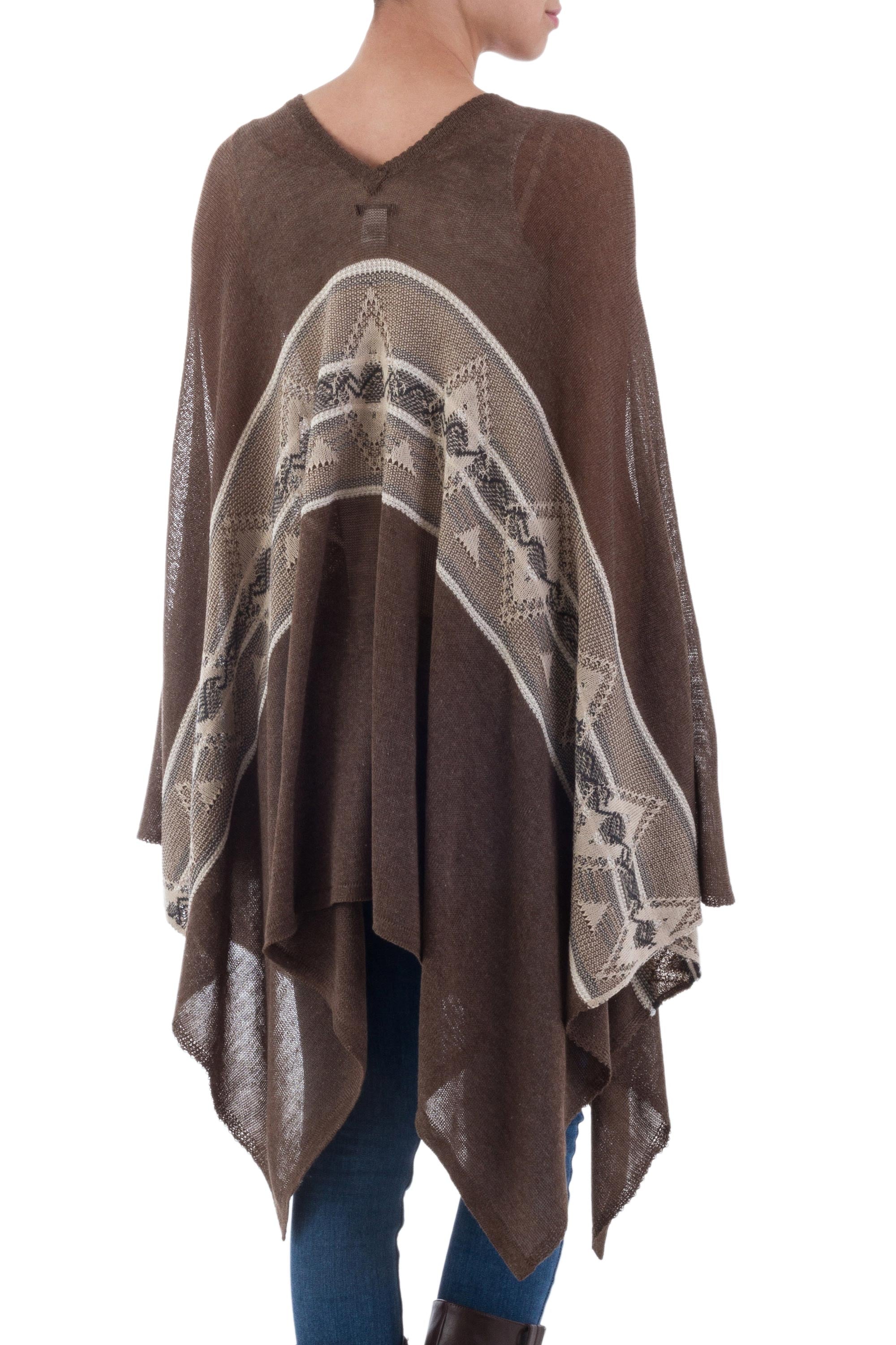 Premium Peruvian Woven Poncho - Dark Brown with Cream Stripe