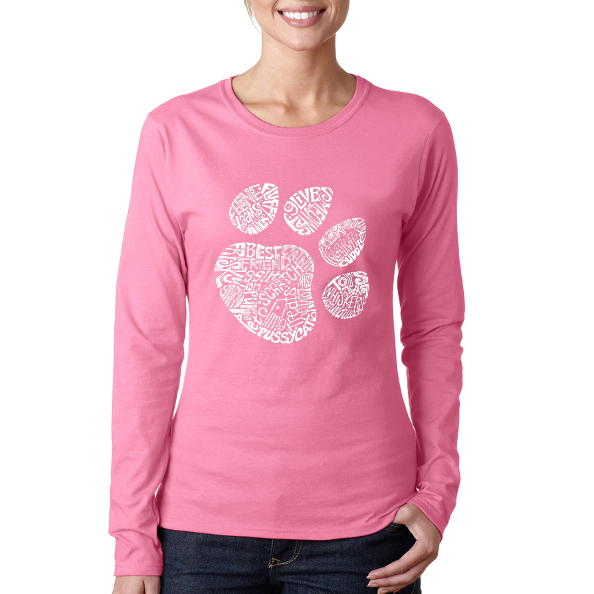 Premium Cat Lover's Long Sleeve T-Shirt - Unique Cat Paw Word Art Design