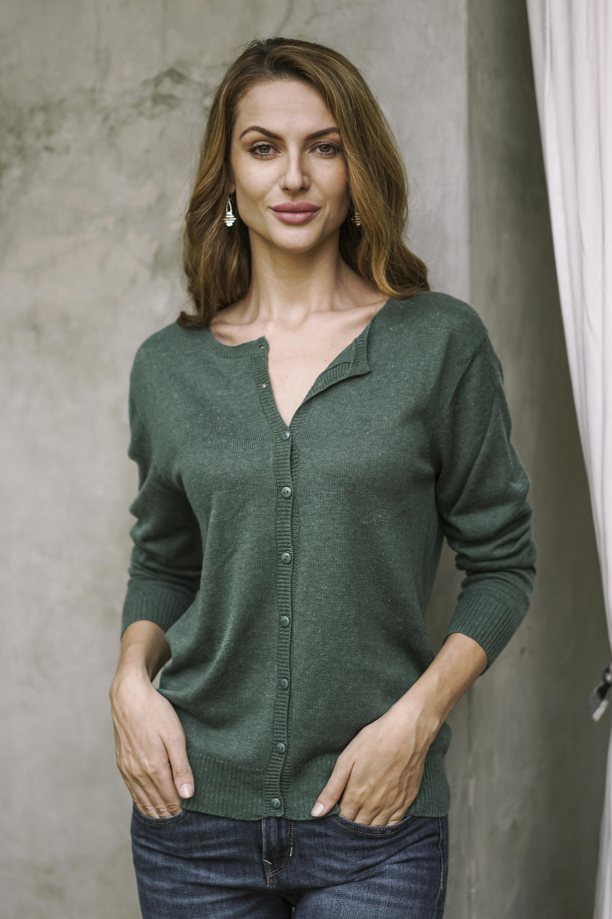 Premium Viridian Green Cotton Blend Cardigan - Handcrafted in Peru