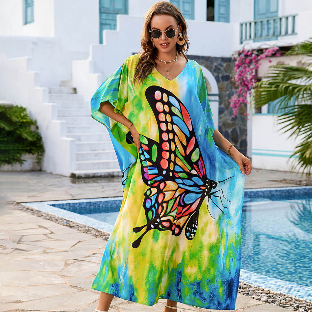 Premium Vivid Butterfly Print Oversized Beach Cover-Up - Brazilian Style