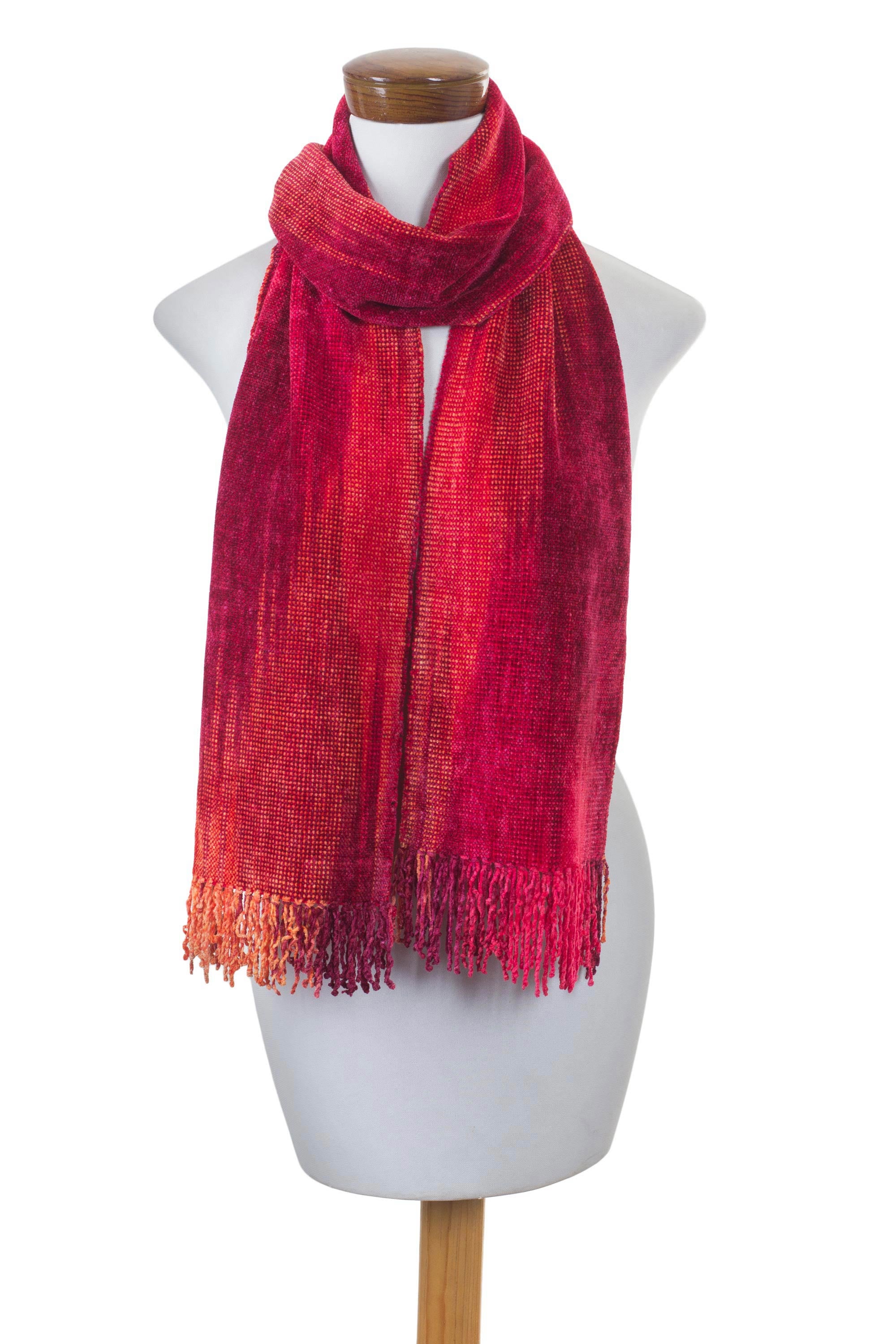 Premium Crimson Embrace: Handwoven Rayon Chenille Scarf in Red & Burgundy