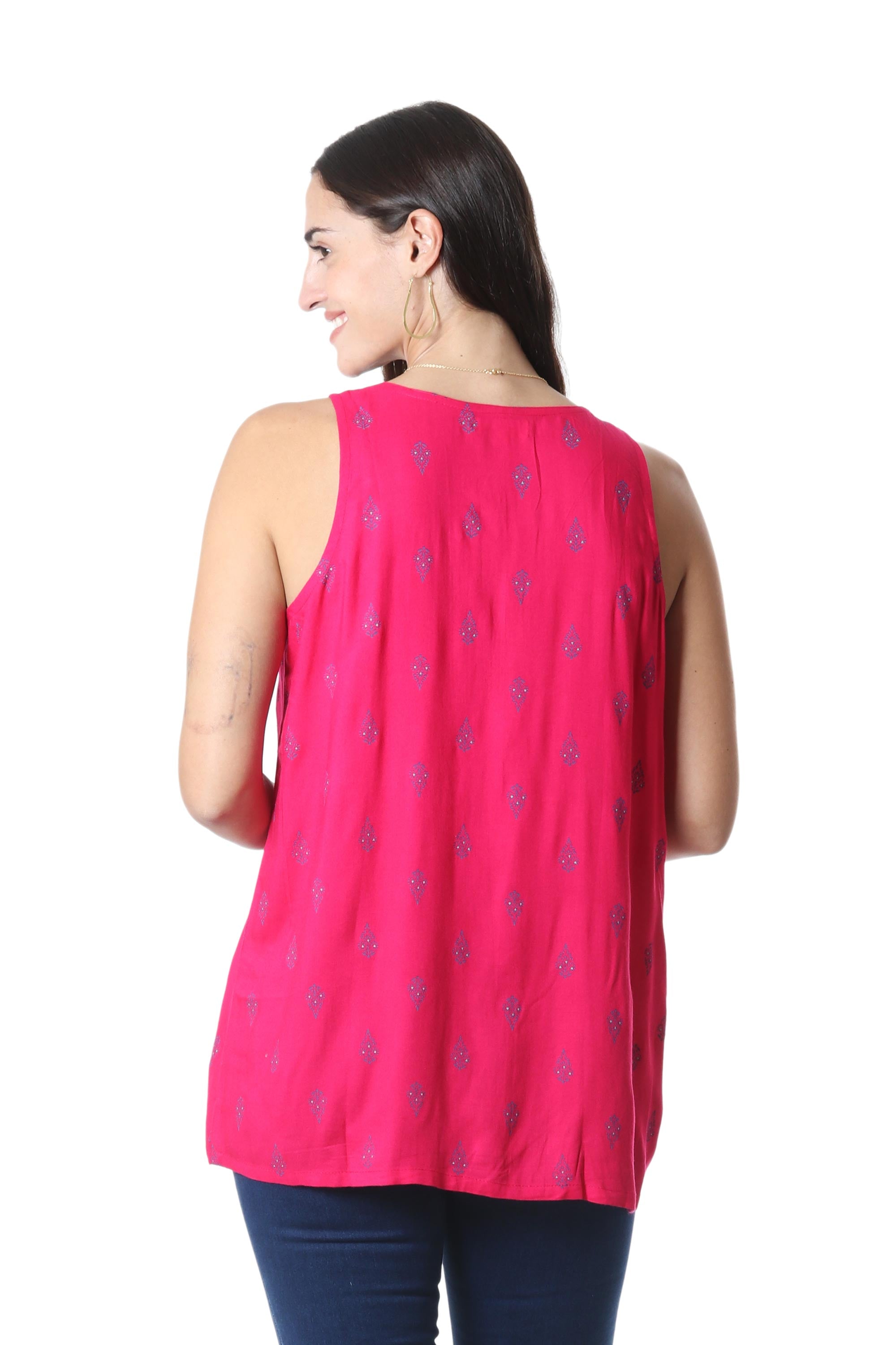 Premium Ruby My Dear Sleeveless Blouse - Handcrafted Pink Rayon Top from India