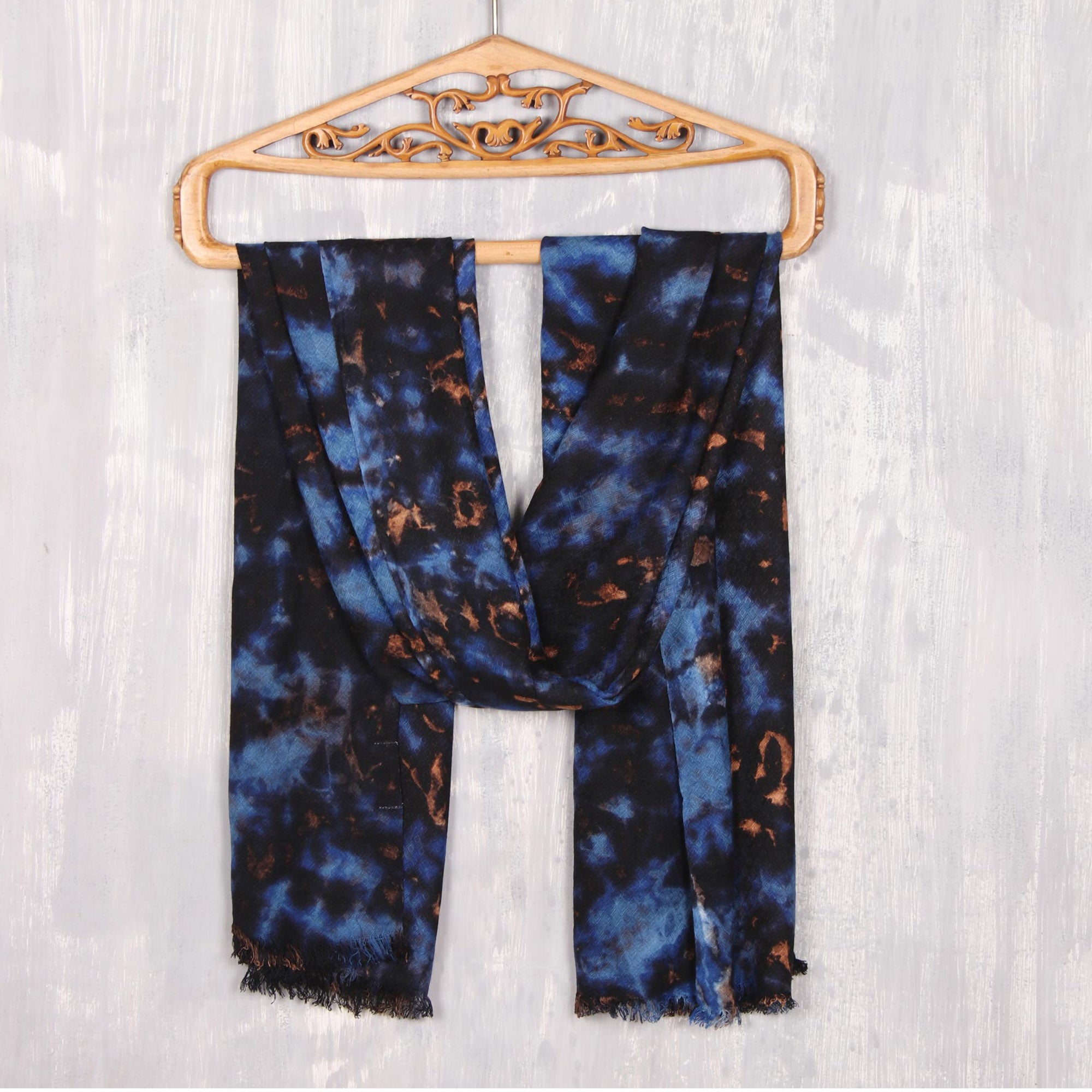 Premium Blissful Fusion Shawl - Handcrafted Viscose Scarf in Blue & Caramel