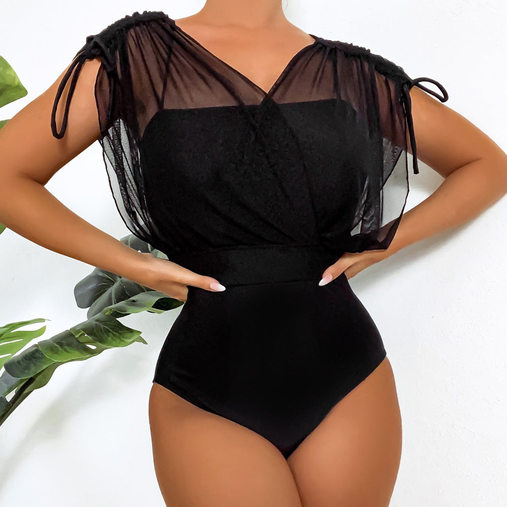 Premium Sheer Mesh Brazilian One-Piece Swimsuit with Drawstring Tie