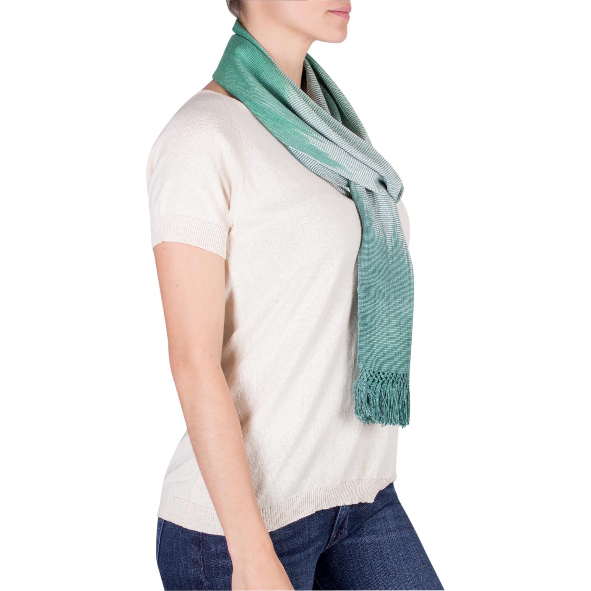 Premium Iridescent Eucalyptus Rayon Scarf - Handwoven Green & White Guatemalan Design