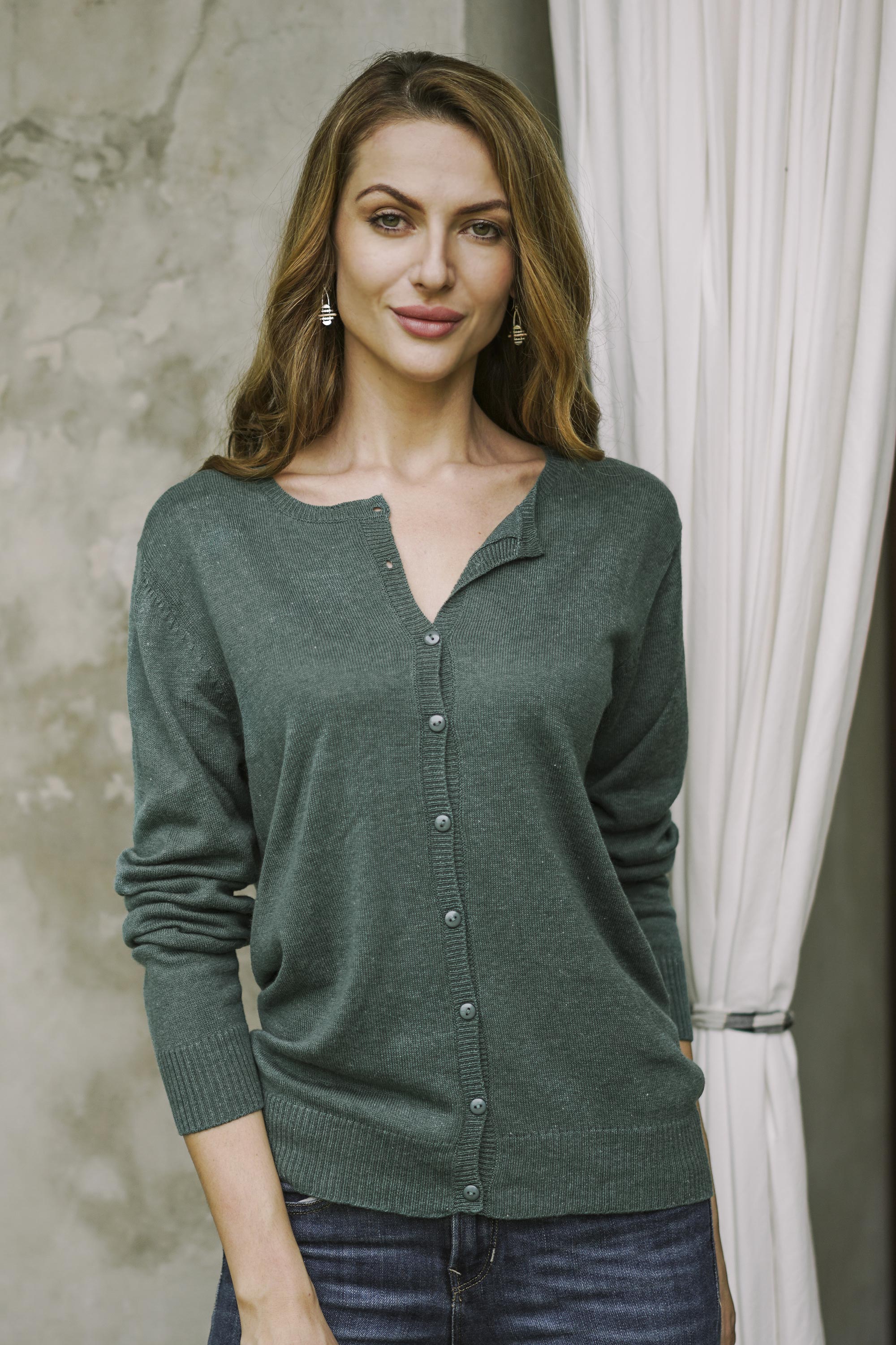 Premium Viridian Green Cotton Blend Cardigan - Handcrafted in Peru