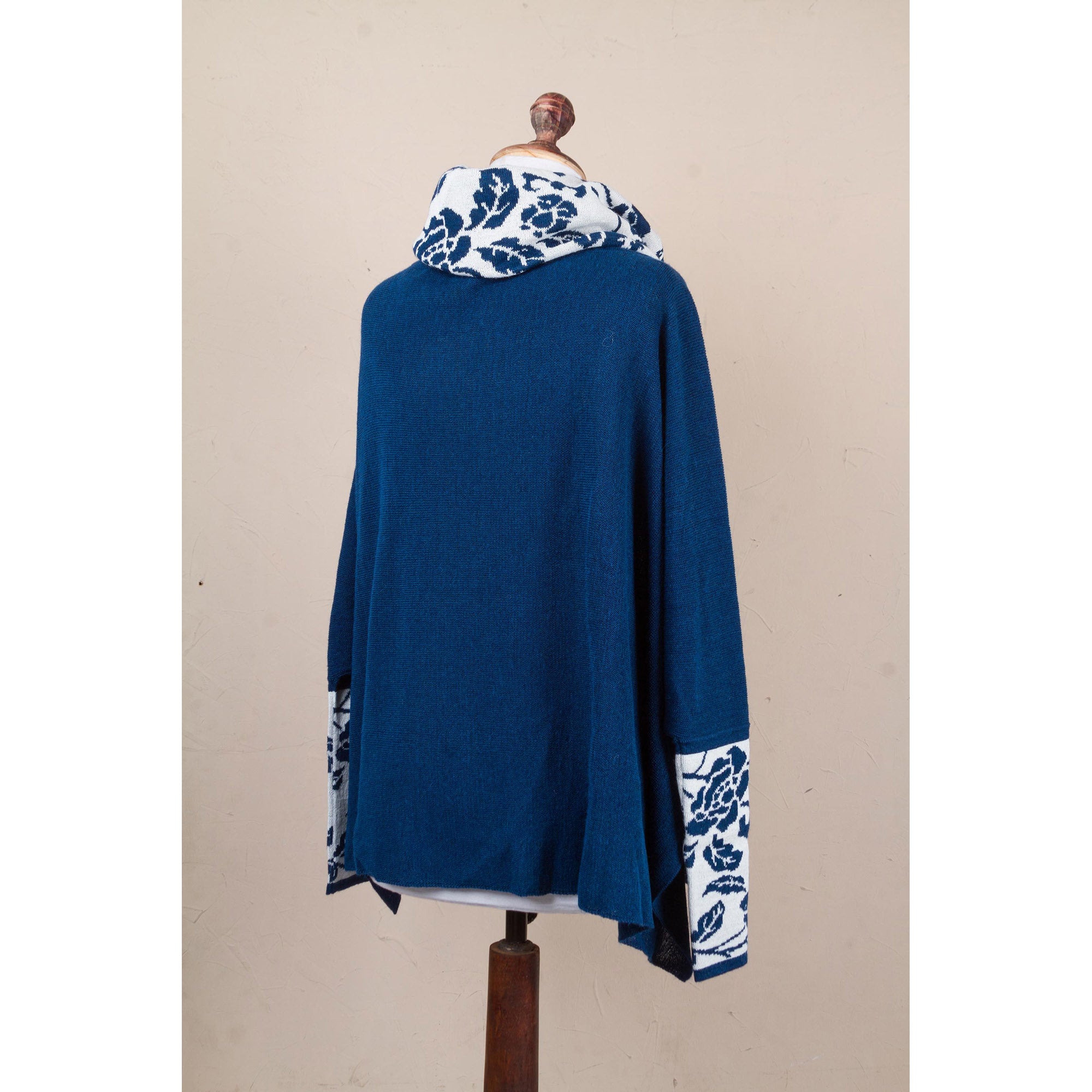 Premium Blue Roses Alpaca Poncho with Sleeves