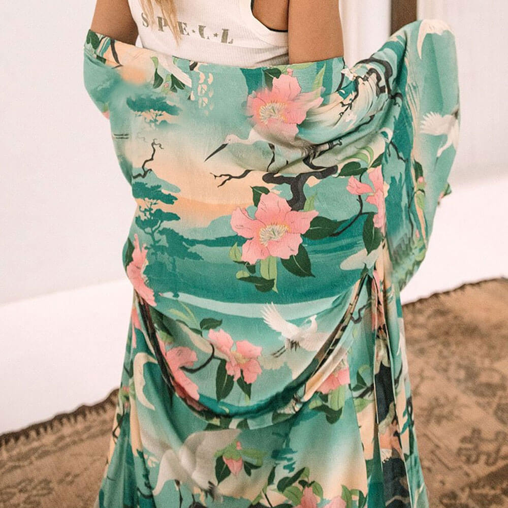 Premium Floral Maxi Cover-Up with Belted Waist & Oversize Sleeves