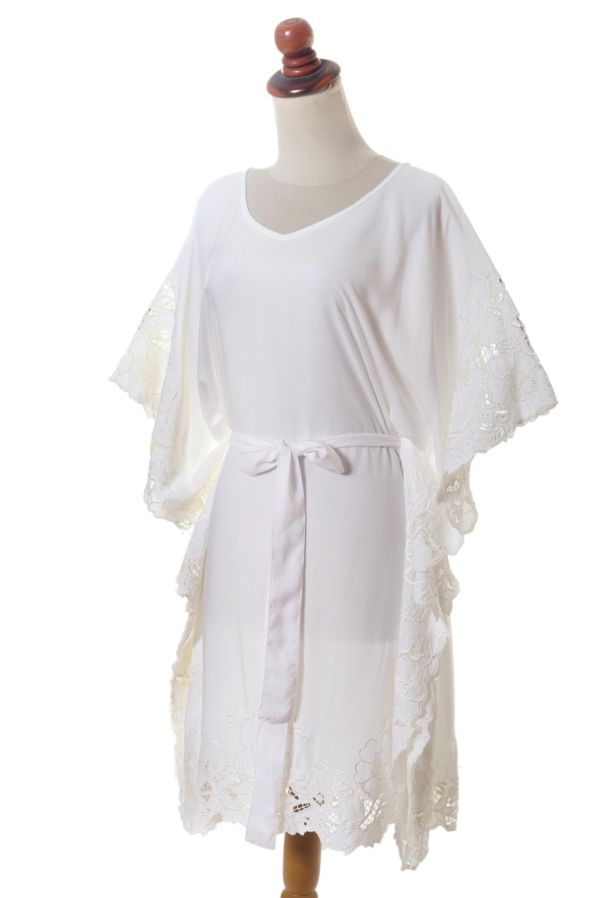 Premium White Rayon Caftan with Lace Detailing - Handcrafted in Bali