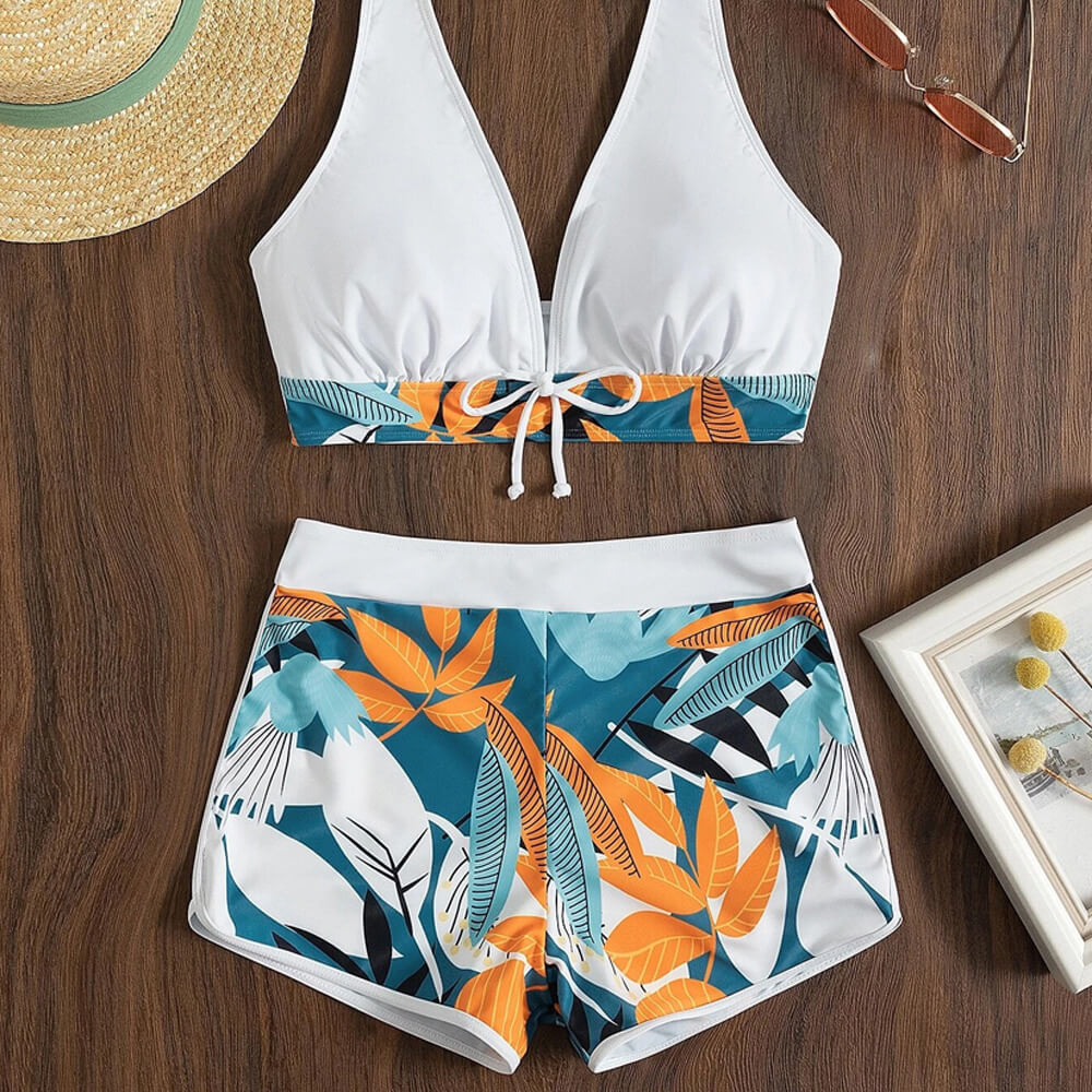 Premium Tropical High Waist Bikini Set - Halter & Boy Short Style