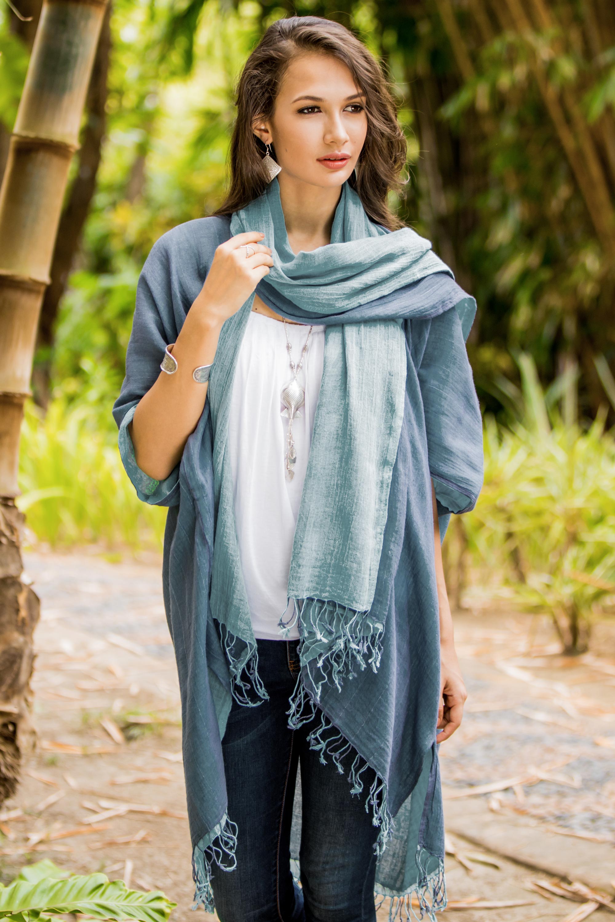 Premium Blue Mystique Cotton Jacket & Reversible Scarf Set - Ultimate Thai Elegance