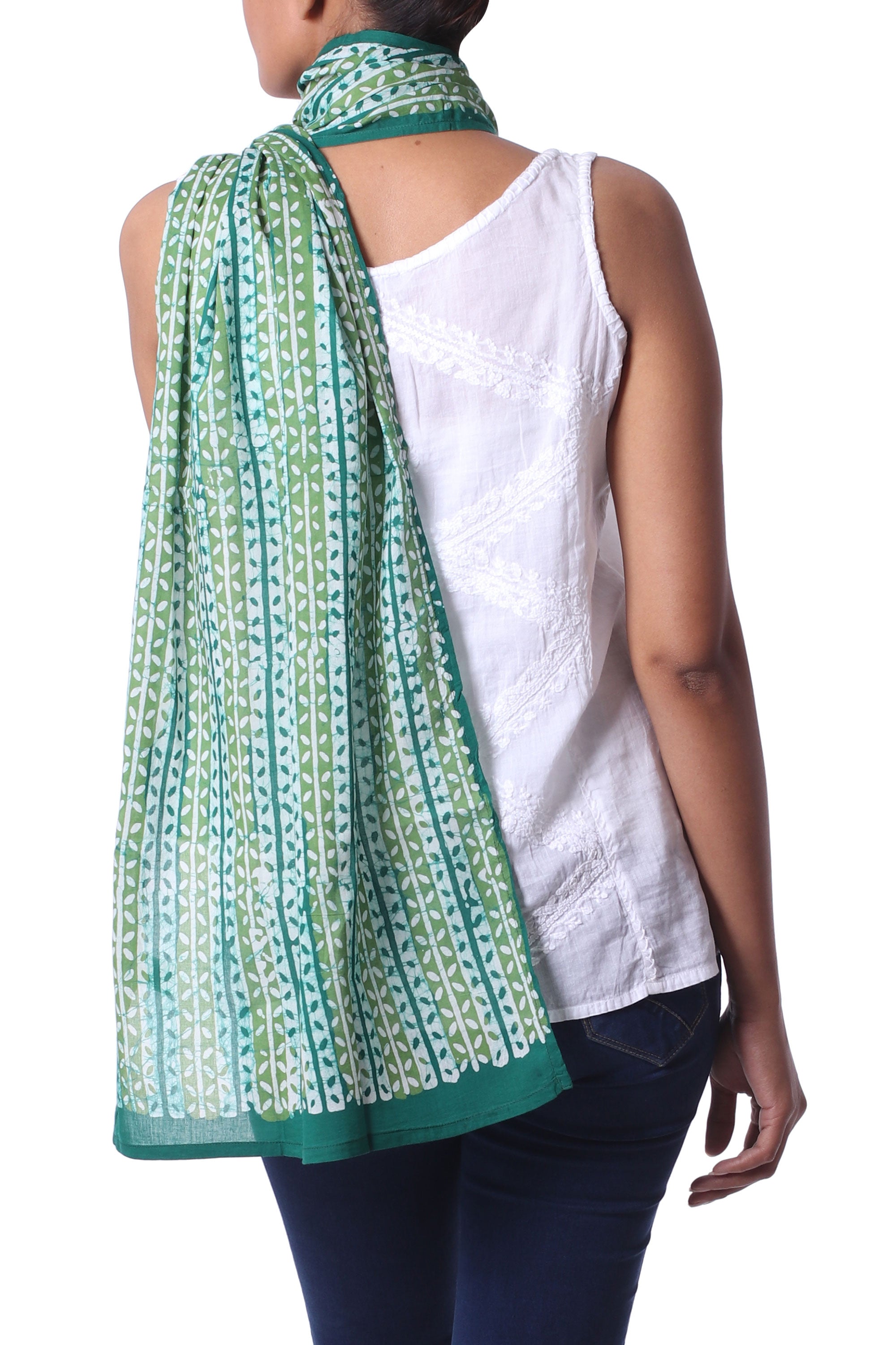 Premium Leafy Vines Batik Cotton Shawl - Handcrafted Indian Art