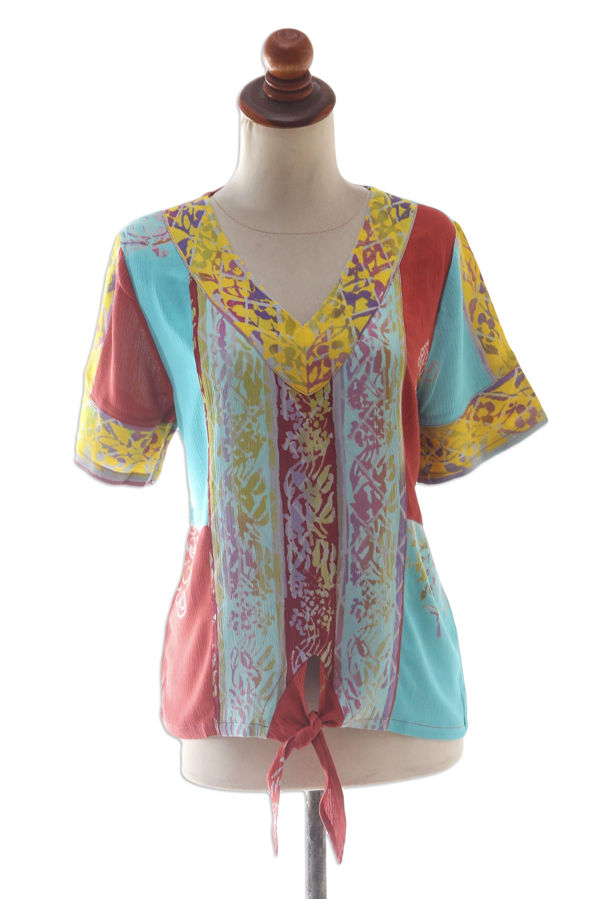 Premium Bali Rainbow Tie-Front Rayon Blouse - Handcrafted Batik Art