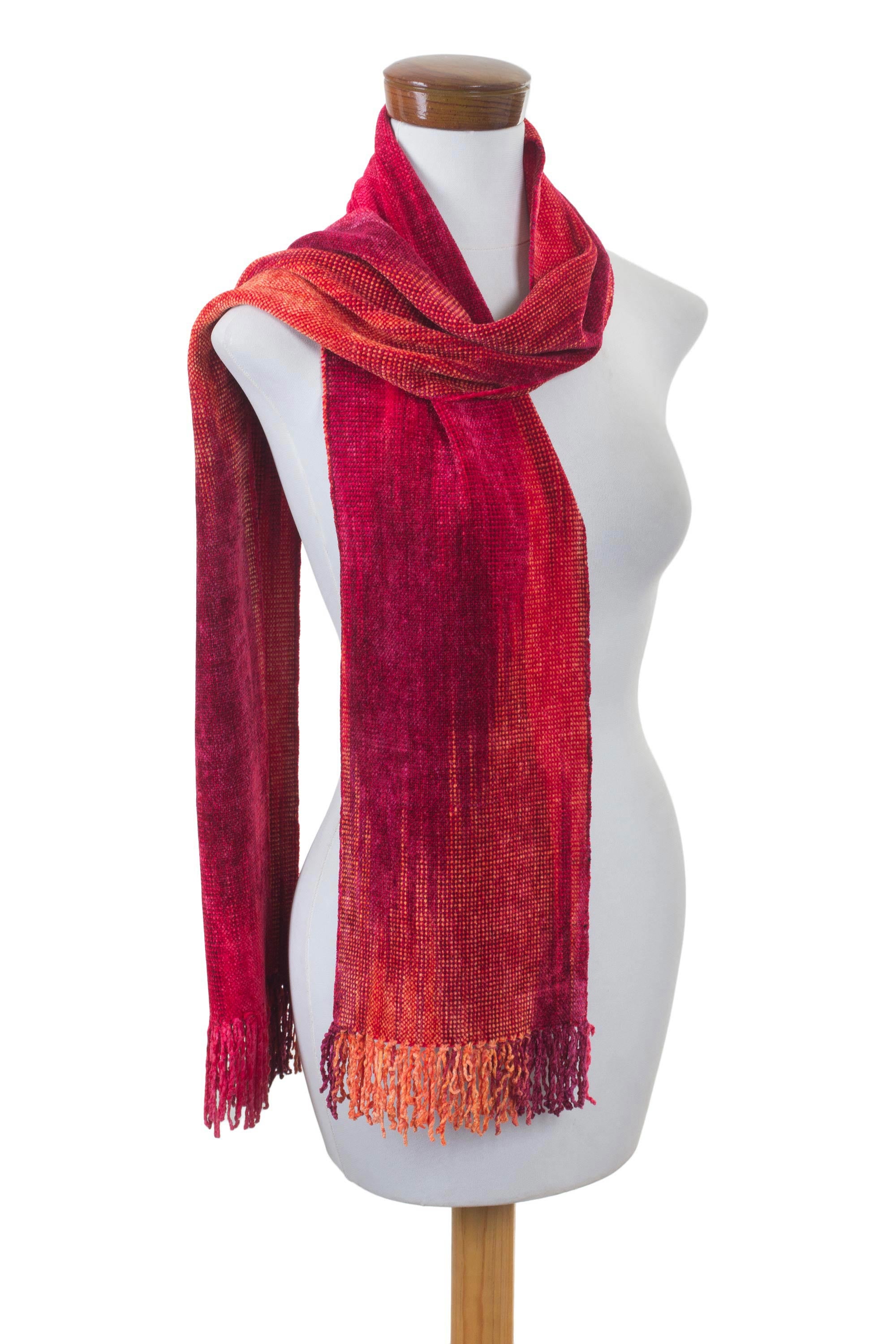 Premium Crimson Embrace: Handwoven Rayon Chenille Scarf in Red & Burgundy