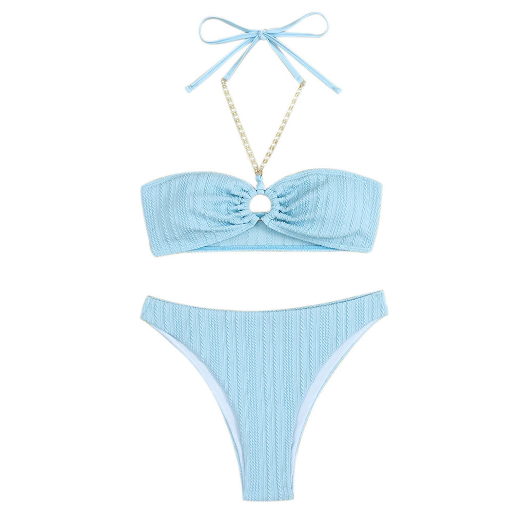 Premium Luxe Textured High-Waist Cheeky Bikini with Faux Pearl Accents