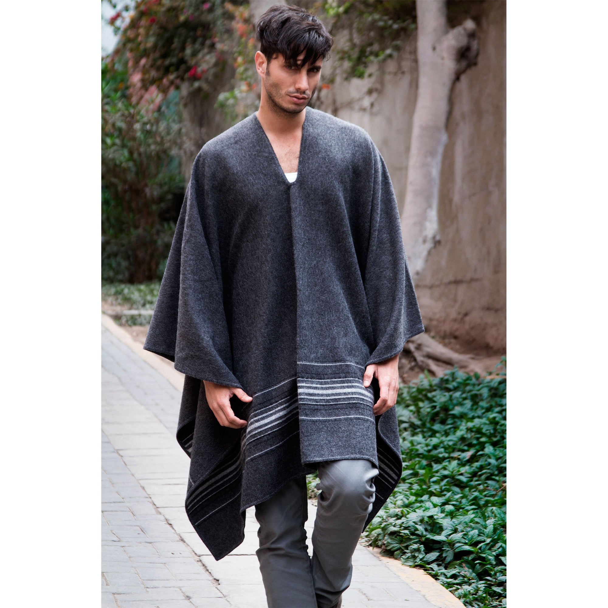 Premium Gray Nazca Striped Alpaca Poncho for Men - Ultimate Warmth & Style