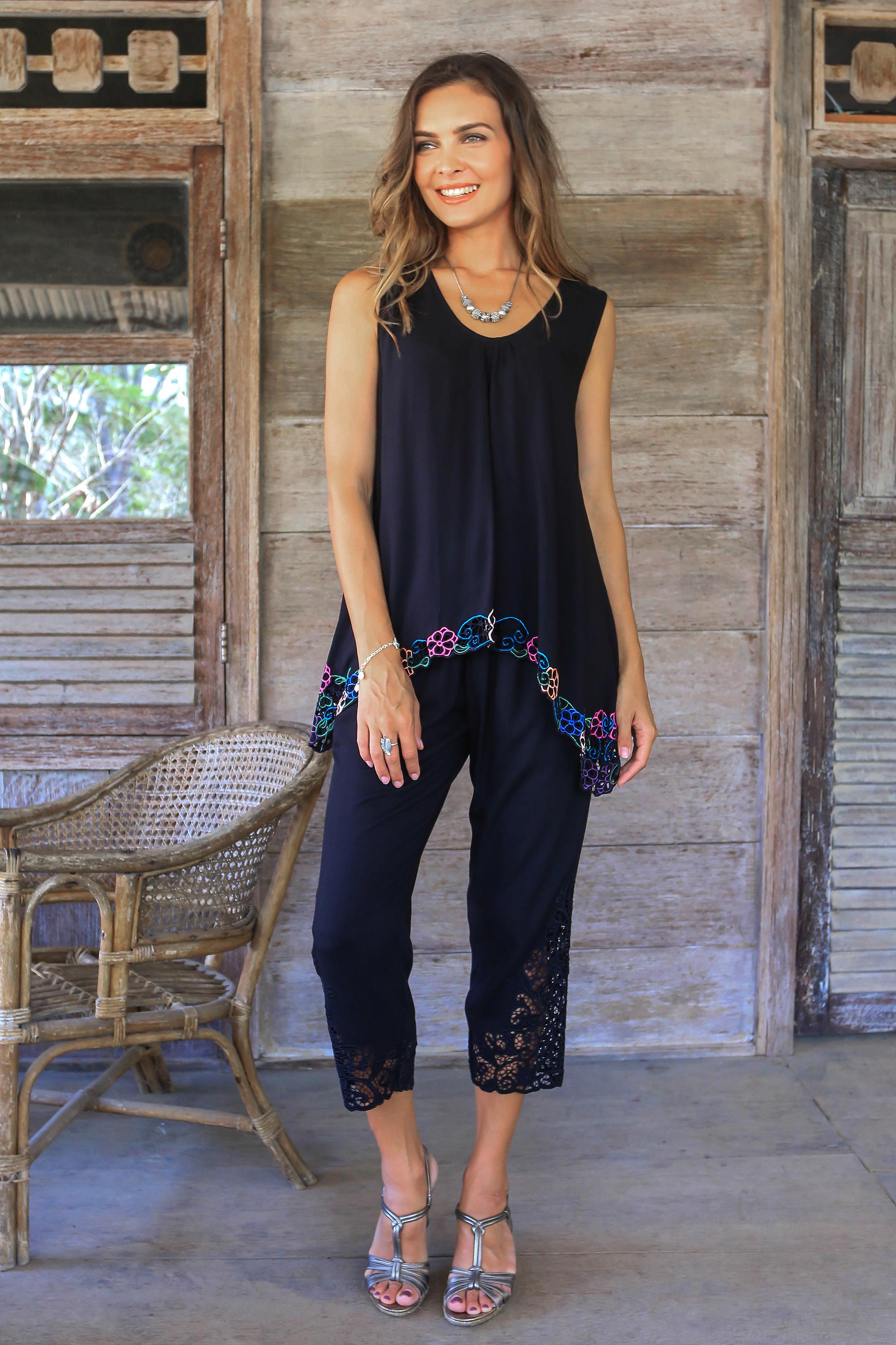 Premium Black Floral Embroidered Rayon Blouse - Handcrafted in Bali