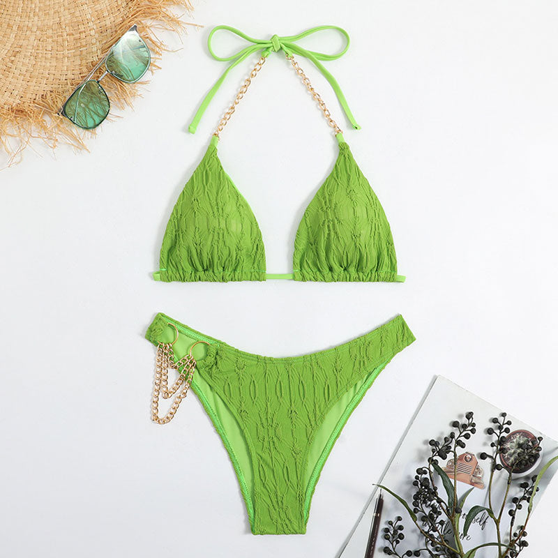 Premium Metal Chain Triangle Bikini Set - Edgy Beachwear