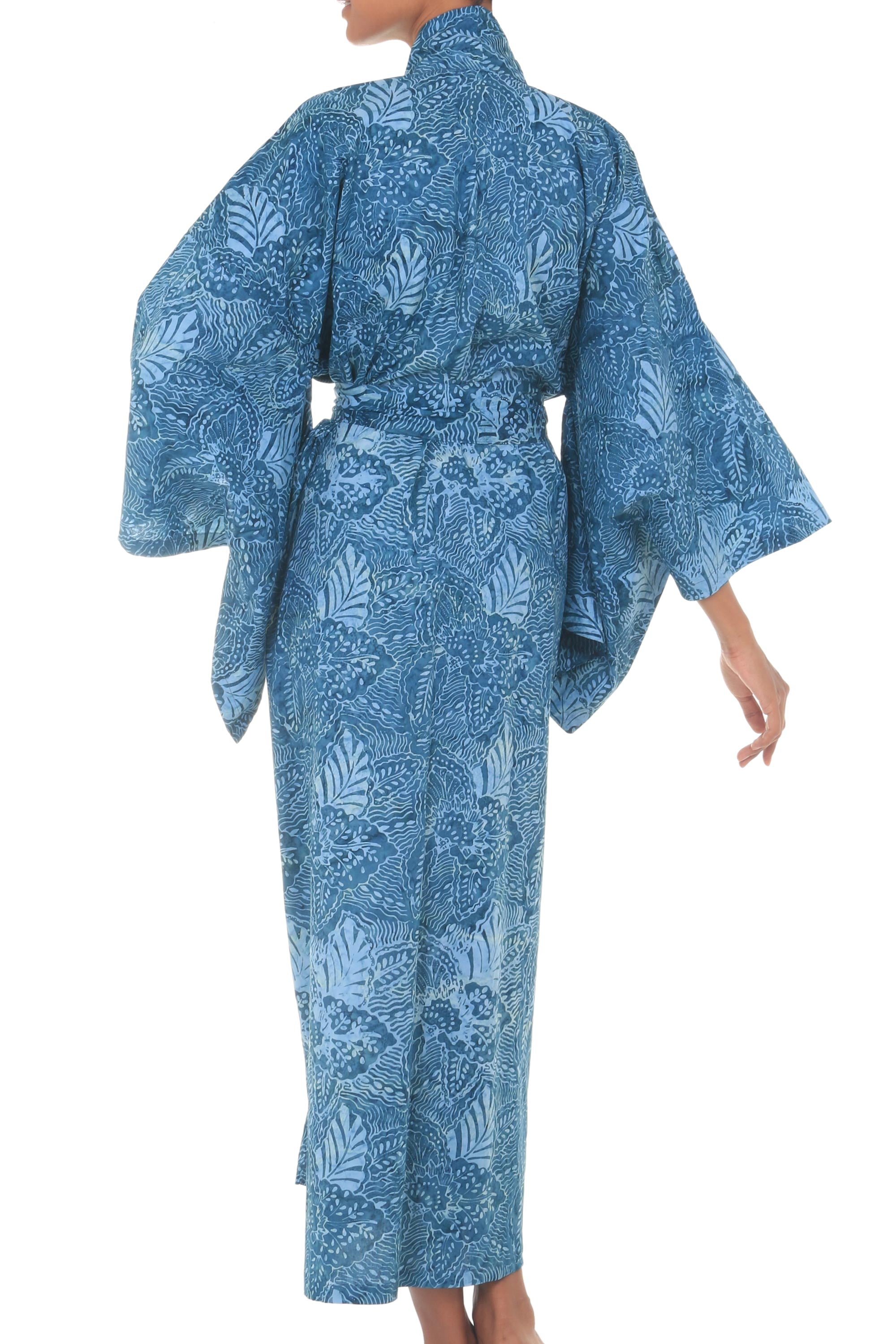 Premium Blue Forest Handcrafted Batik Cotton Kimono Robe for Women