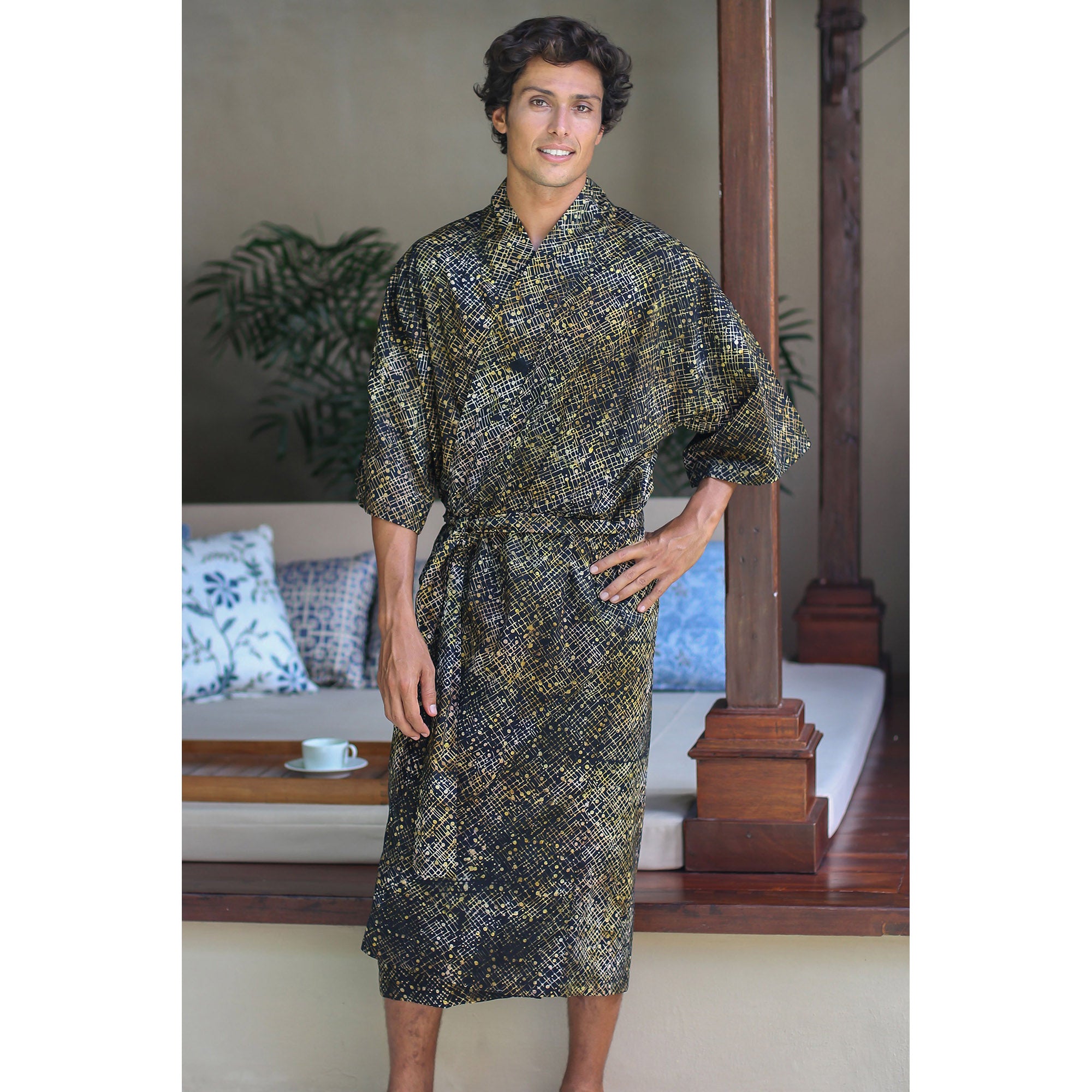 Premium Star Quest Multicolor Men's Cotton Batik Robe - Handmade in Indonesia