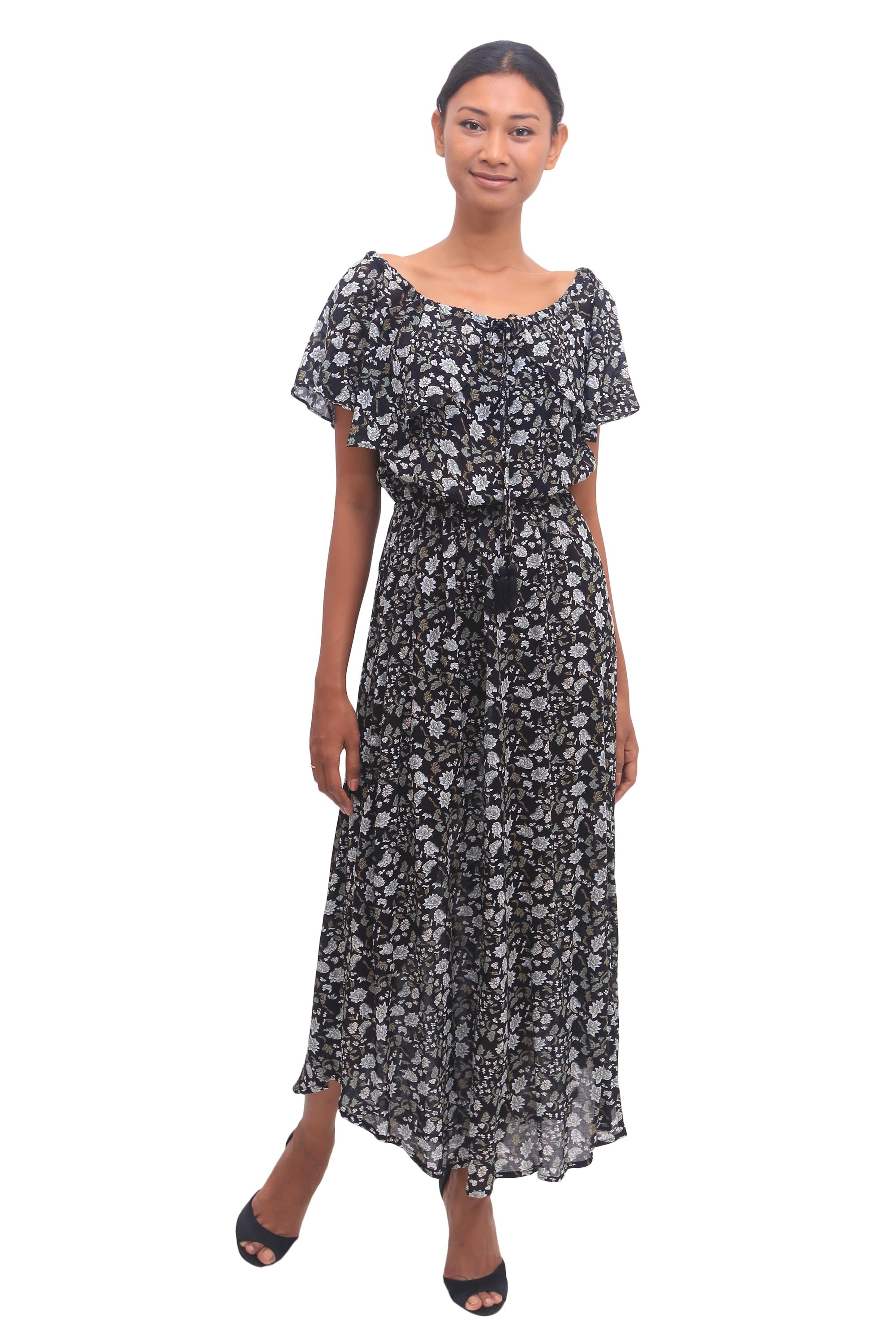 Premium Boho Bali Floral Print Midi Dress - Black with White & Olive Accents