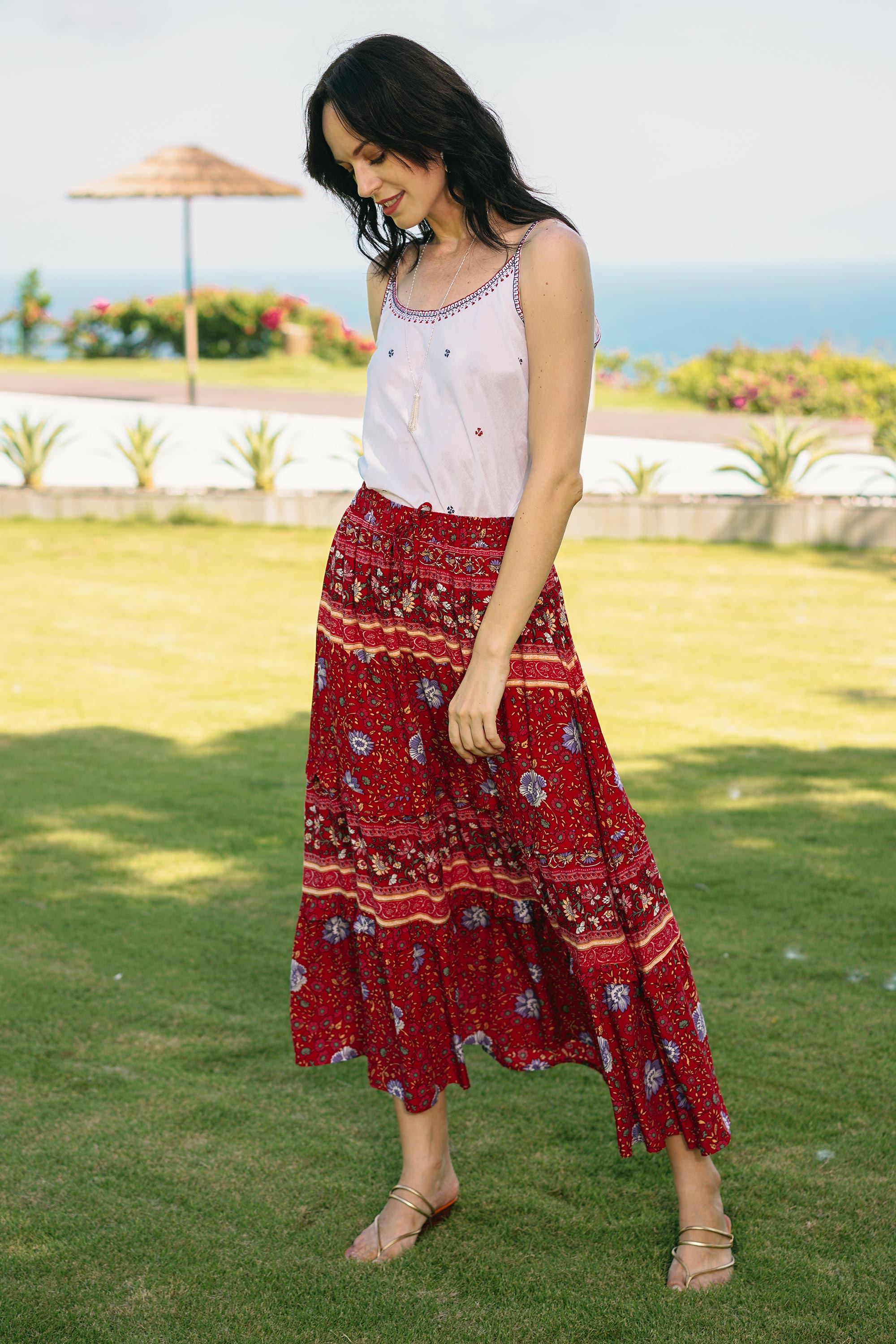 Premium Poppy Garden Floral Rayon Skirt - Handcrafted in Thailand