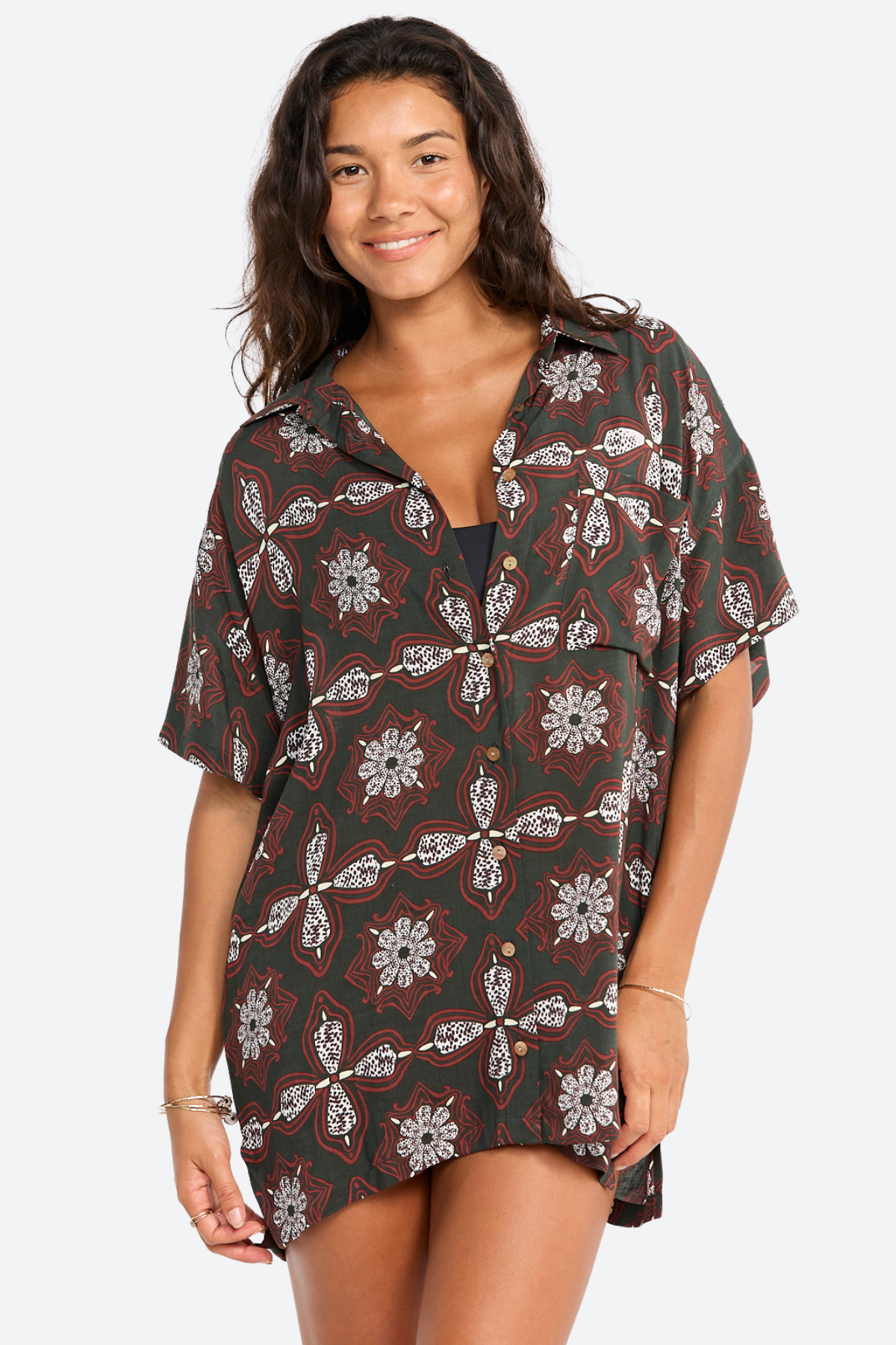 Premium Benoa Swim Aloha Shirt Dress - Kaleido Print