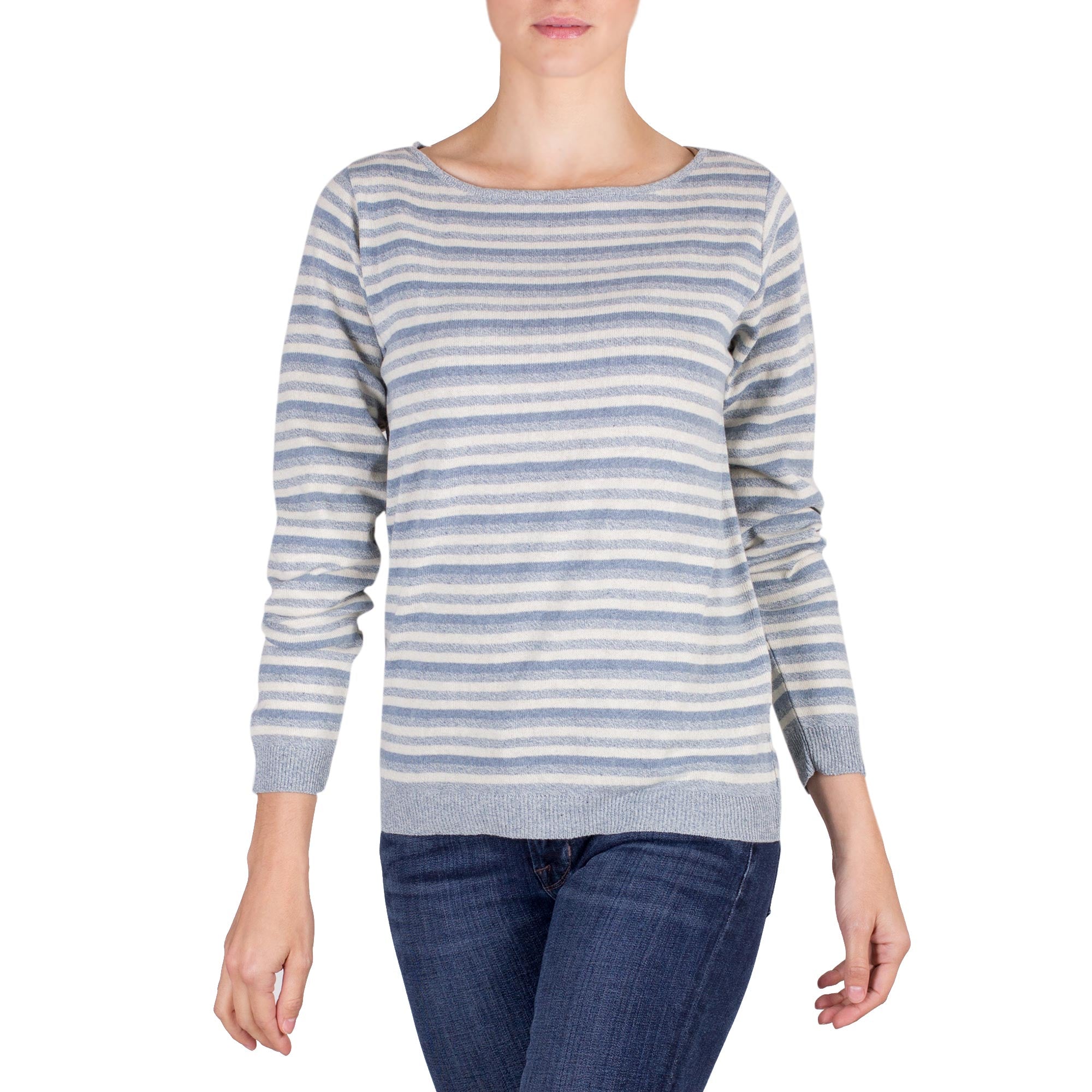 Premium Wedgwood Horizon Women's Blue & Ivory Striped Cotton Sweater