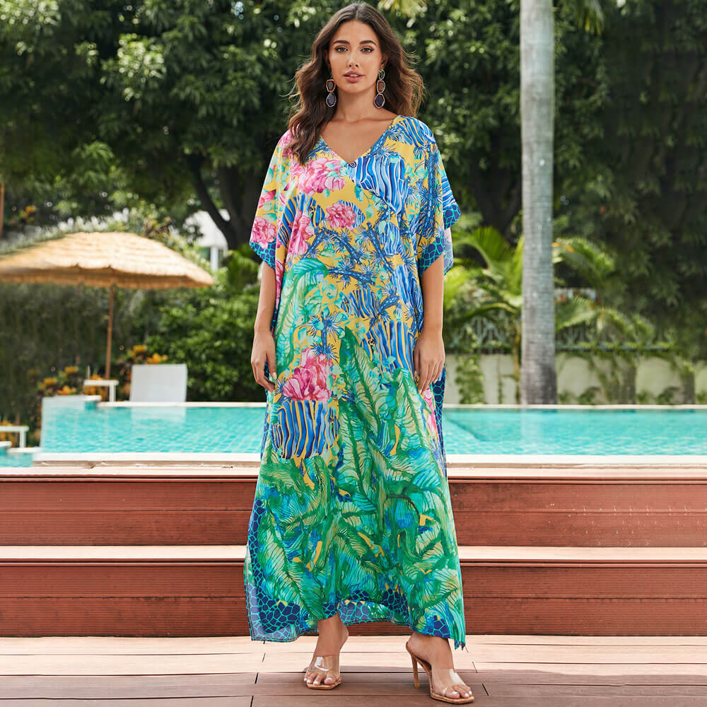 Premium Boho V-Neck Maxi Dress - Vibrant Brazilian Caftan Cover-Up