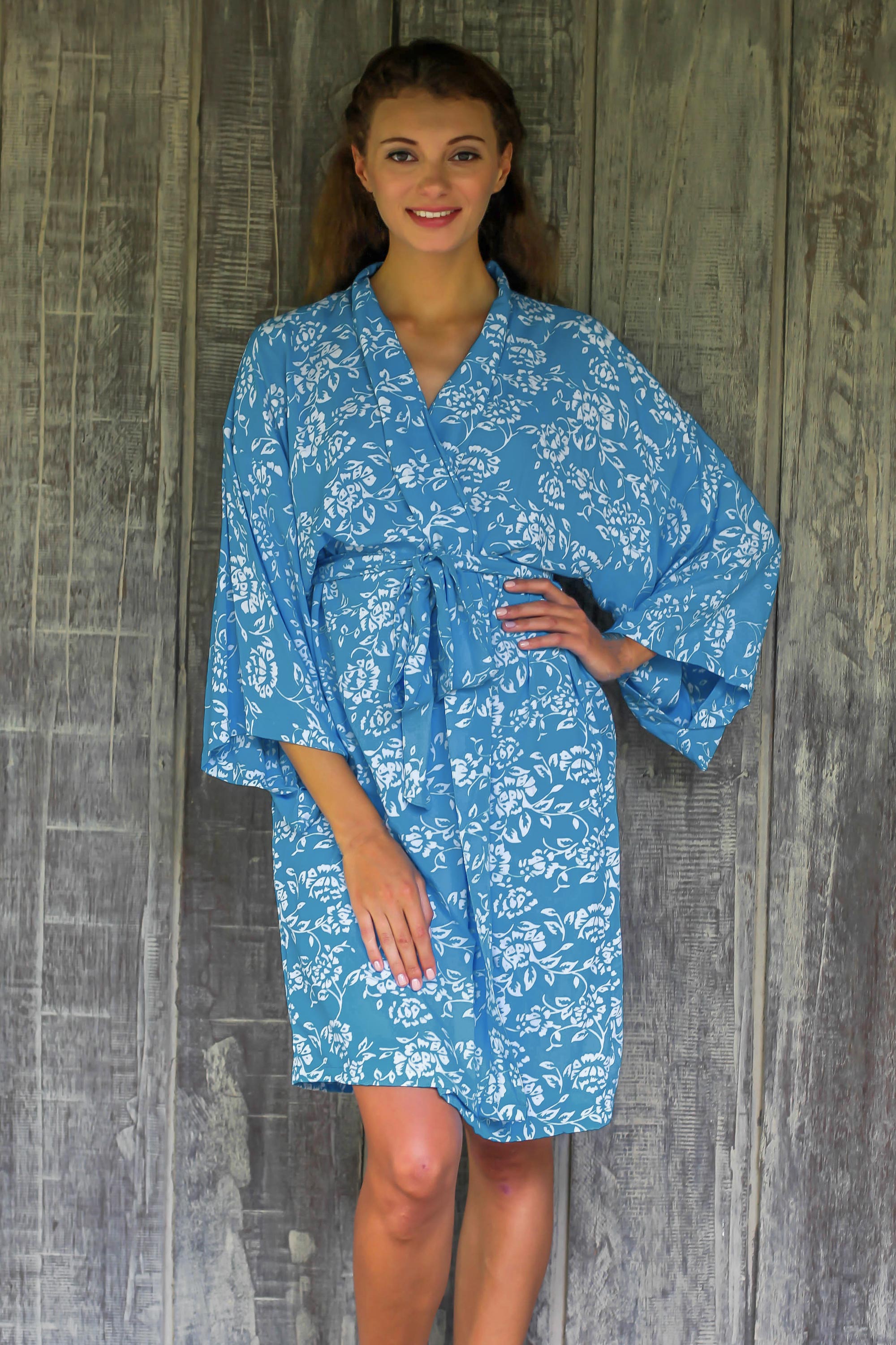 Premium Cerulean Blue Batik Rayon Kimono Robe - Tropical Elegance