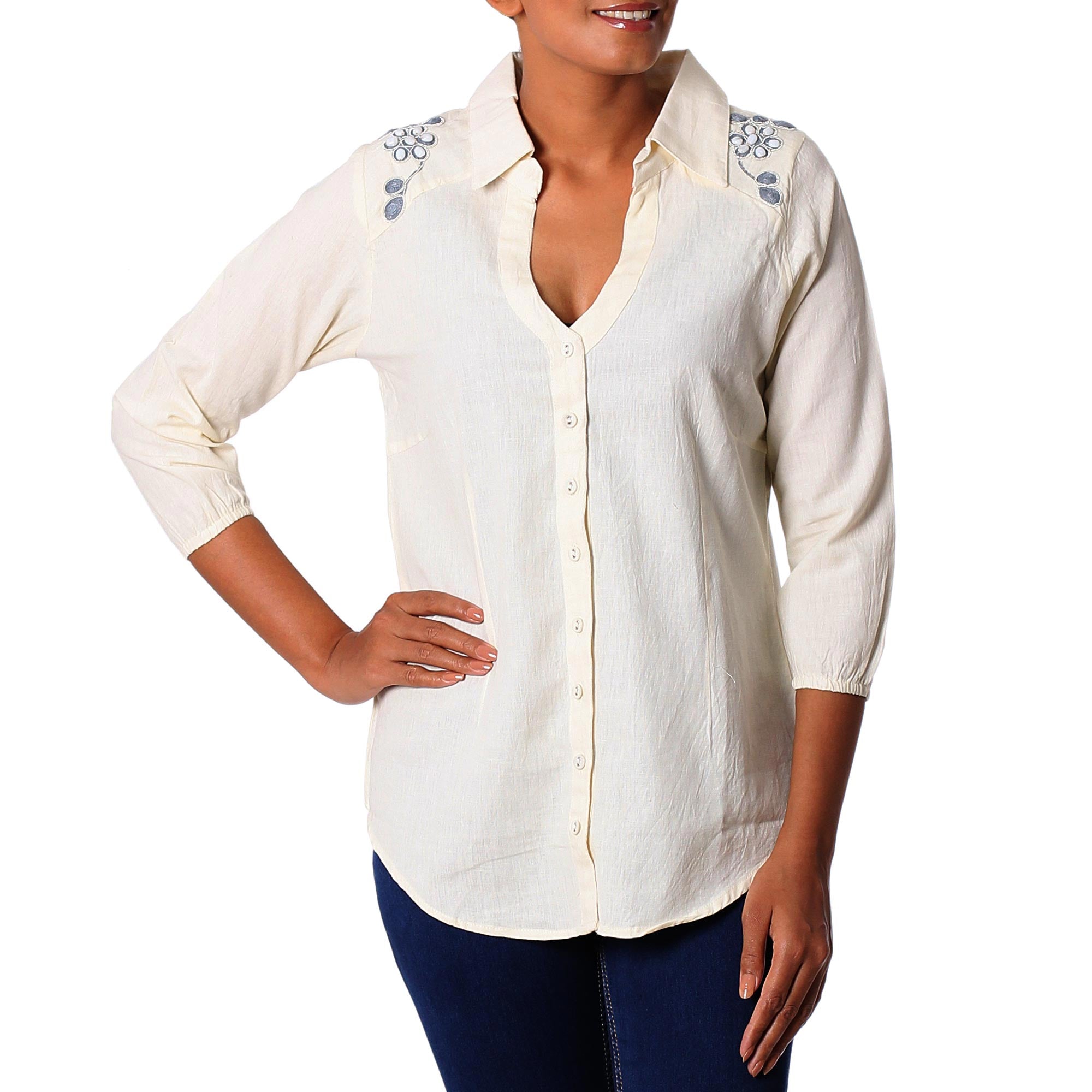 Premium Ivory Cotton Viscose Tunic with Beaded Embroidery | Modern Elegance