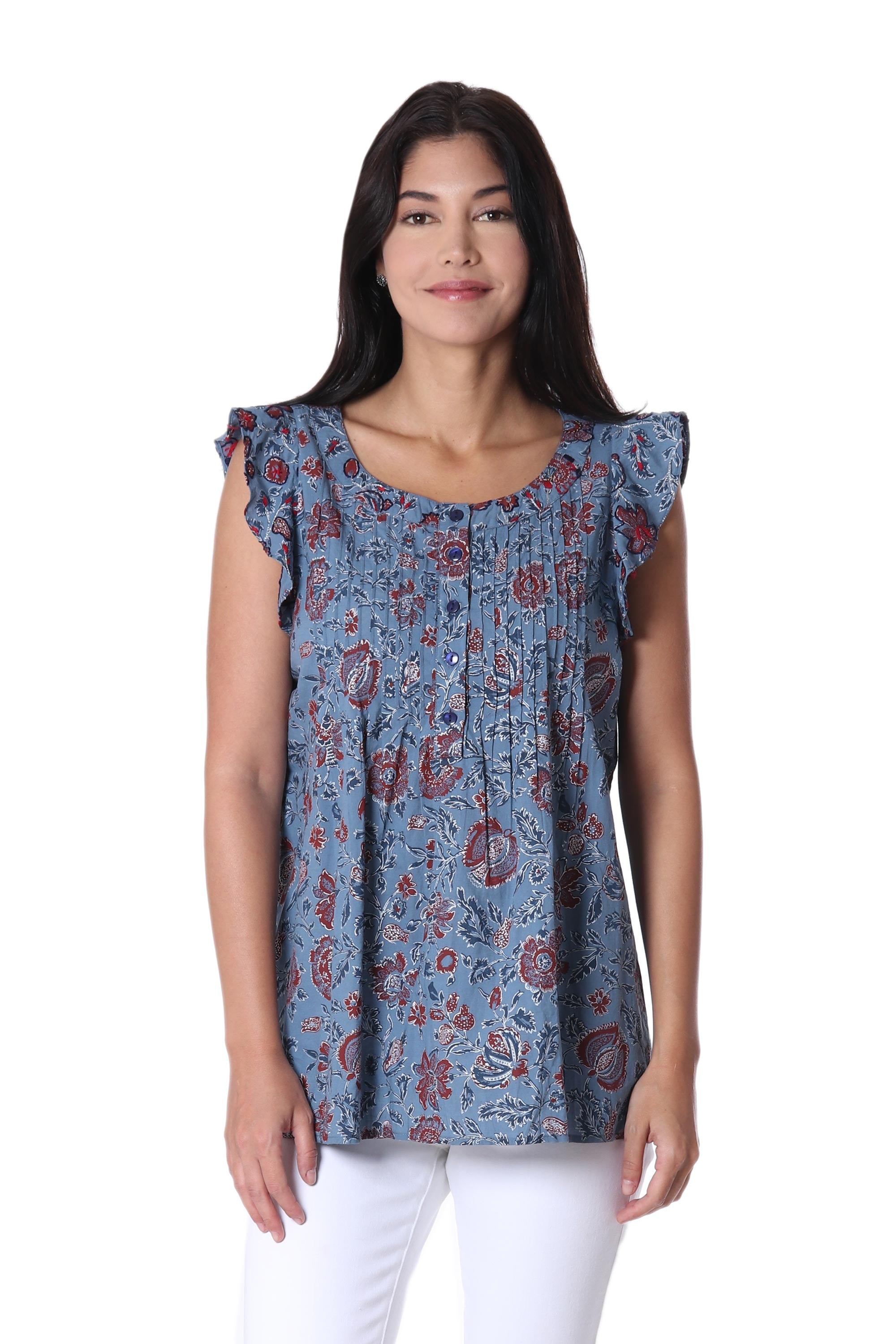 Premium Cerulean Floral Cotton Blouse by Shashi Sehagl