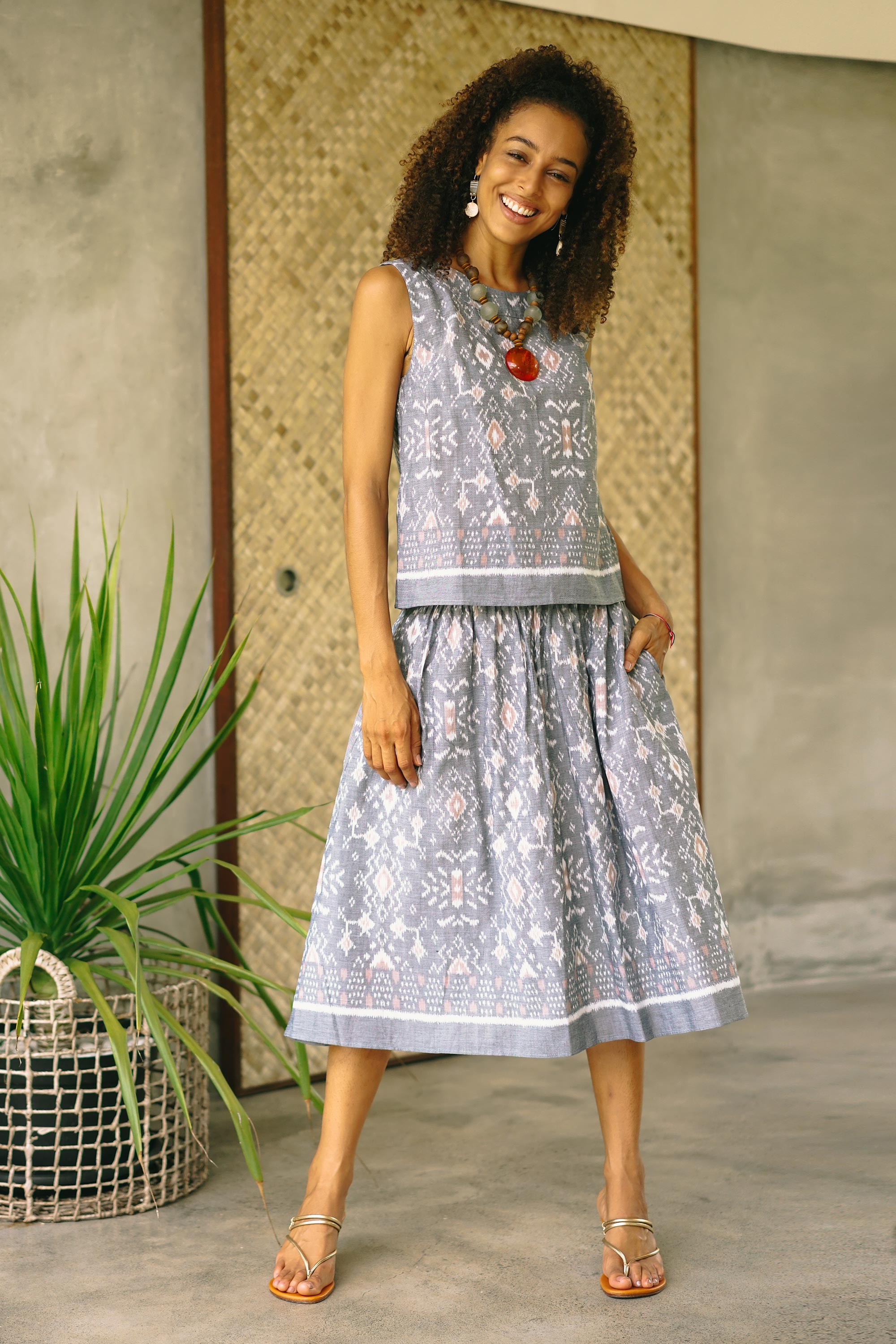 Premium Hand-Woven Ikat Midi Skirt - Soft Cotton Summer Essential