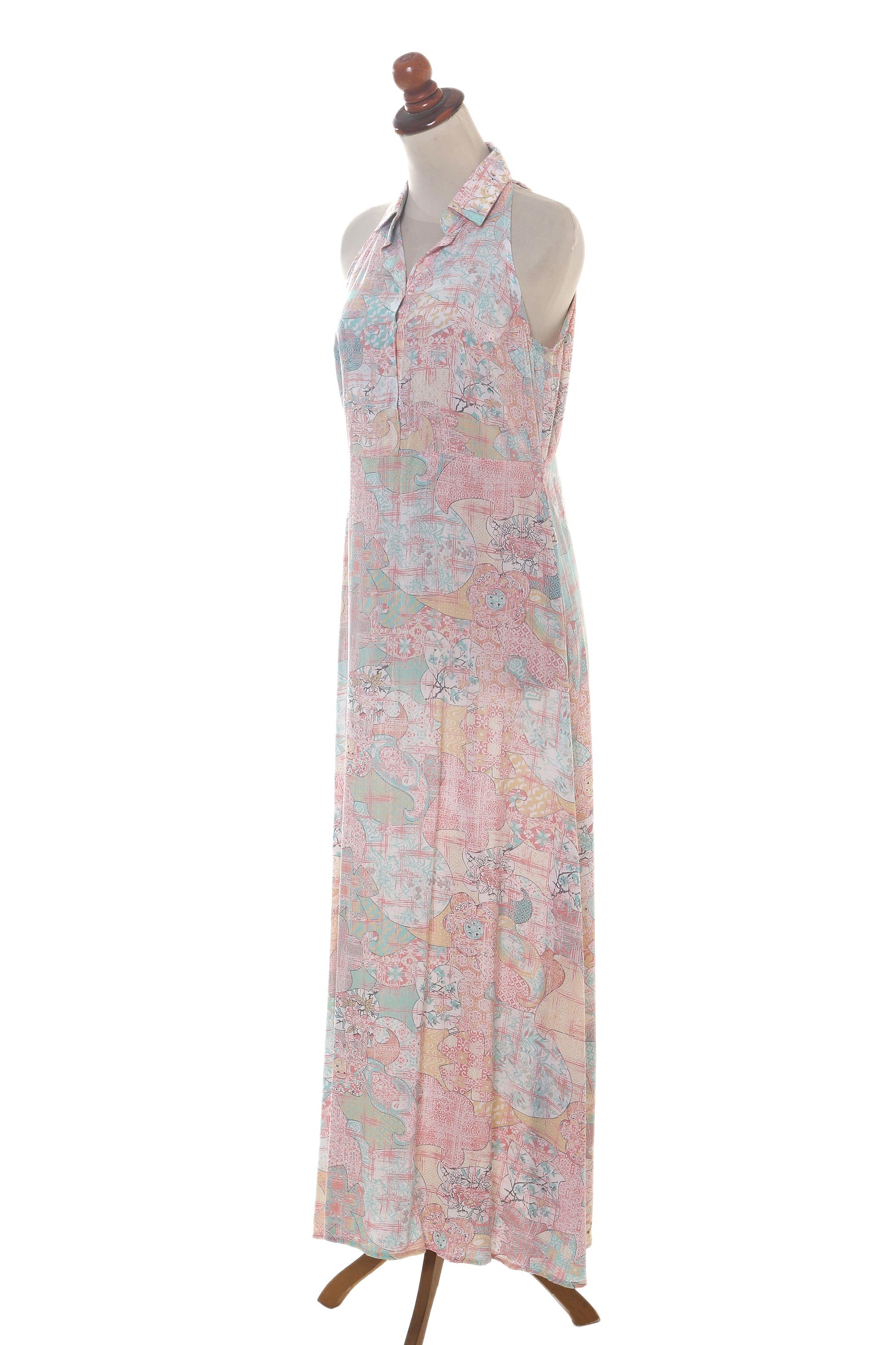 Premium Sekar Jagad Rayon Halter Dress - Pink & Aqua Print